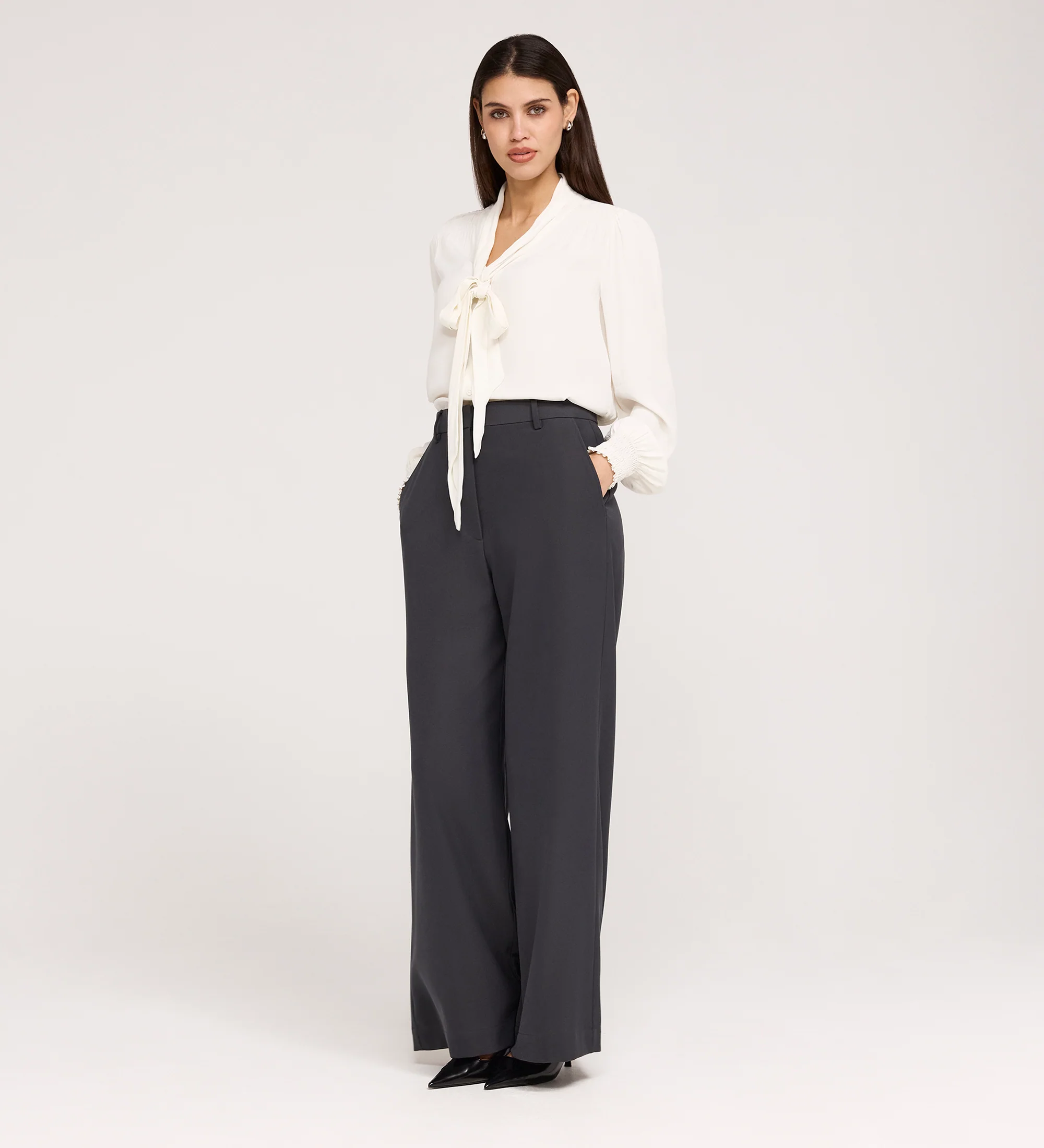 Addie Charcoal Gaberdine Twill Wide Leg Trousers - Image 3