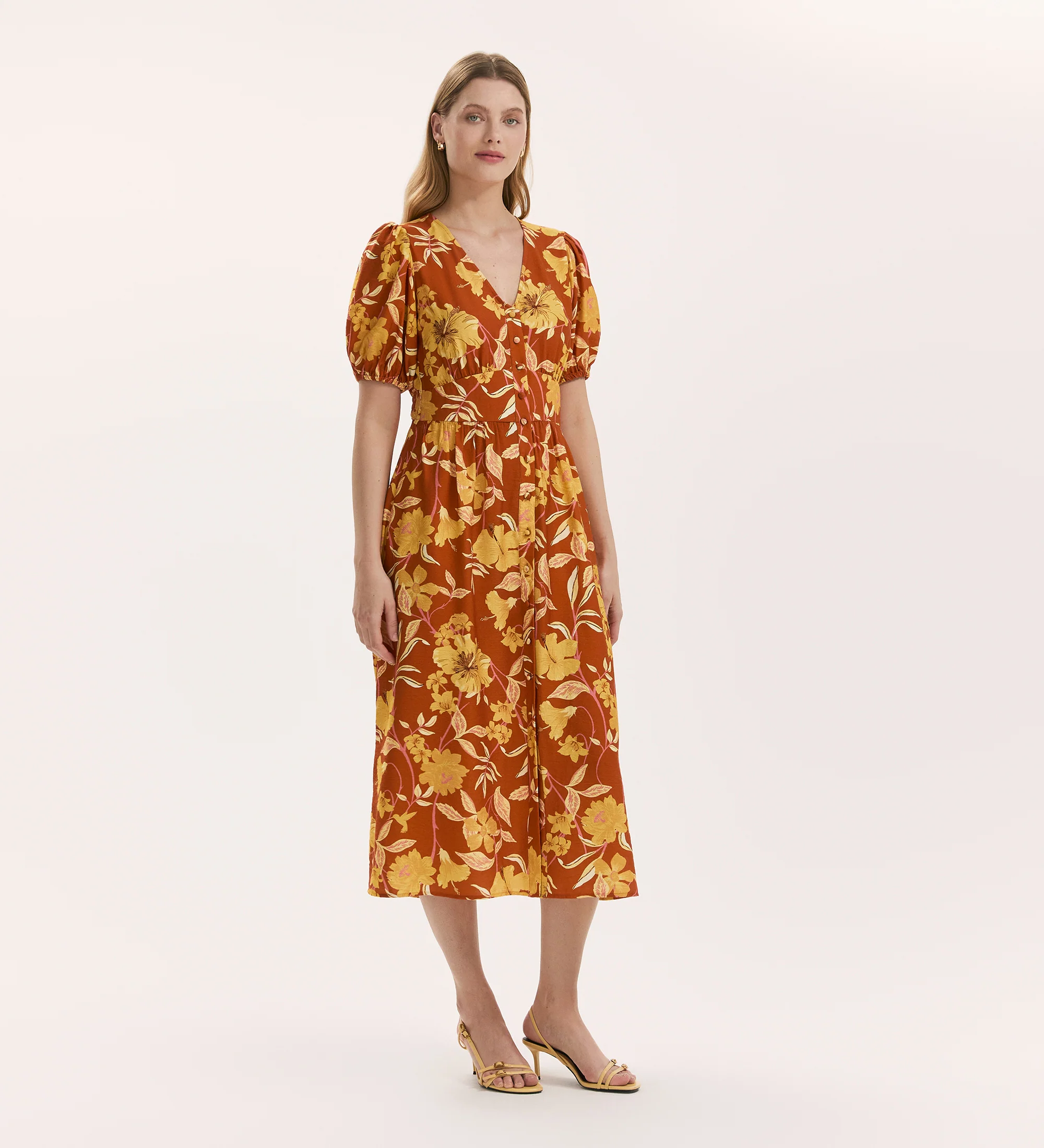 Addison Brown Floral Button Through Midi Dress