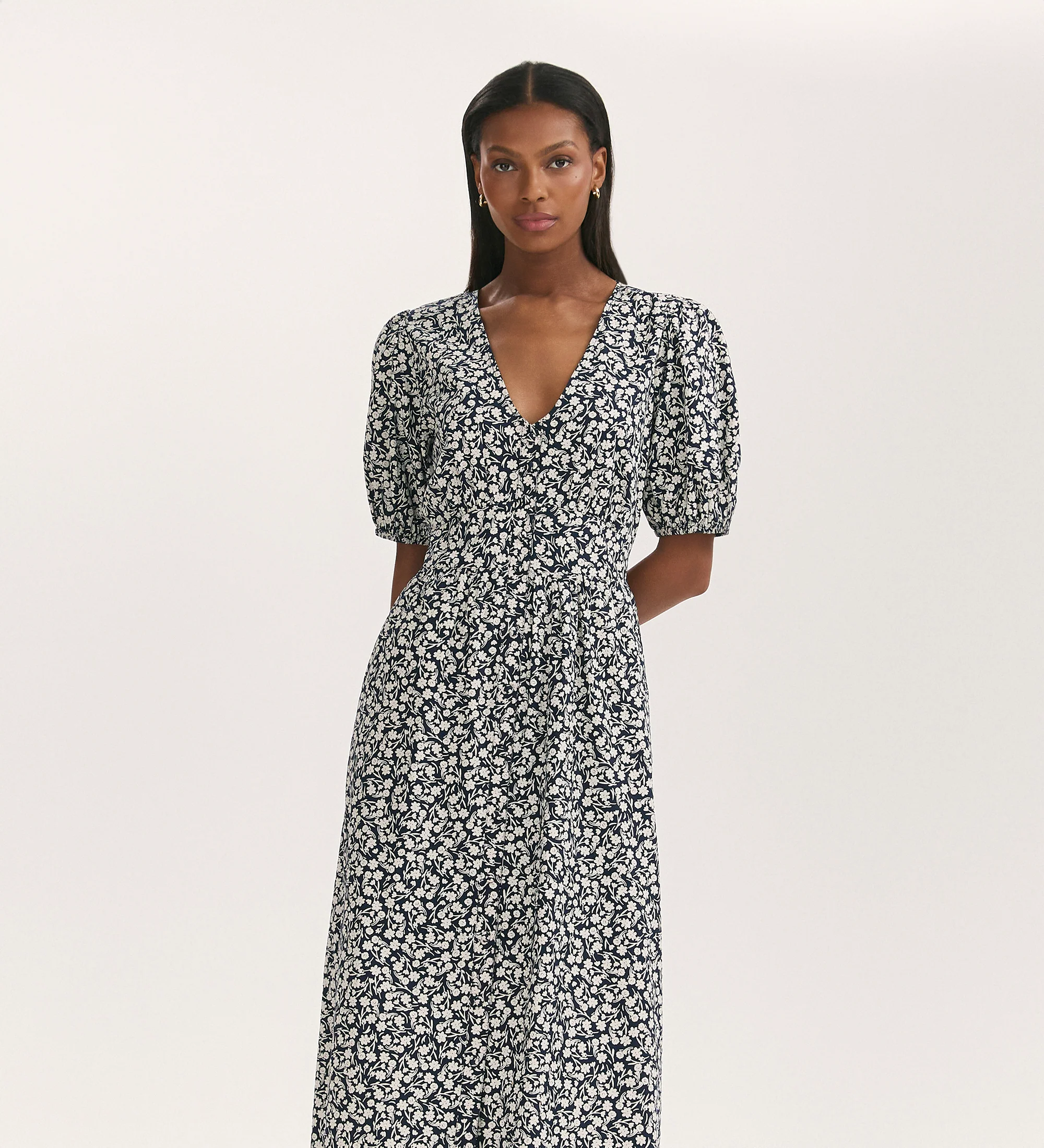 Addison Navy Flower Cotton Button Through Midi Dress - Image 2