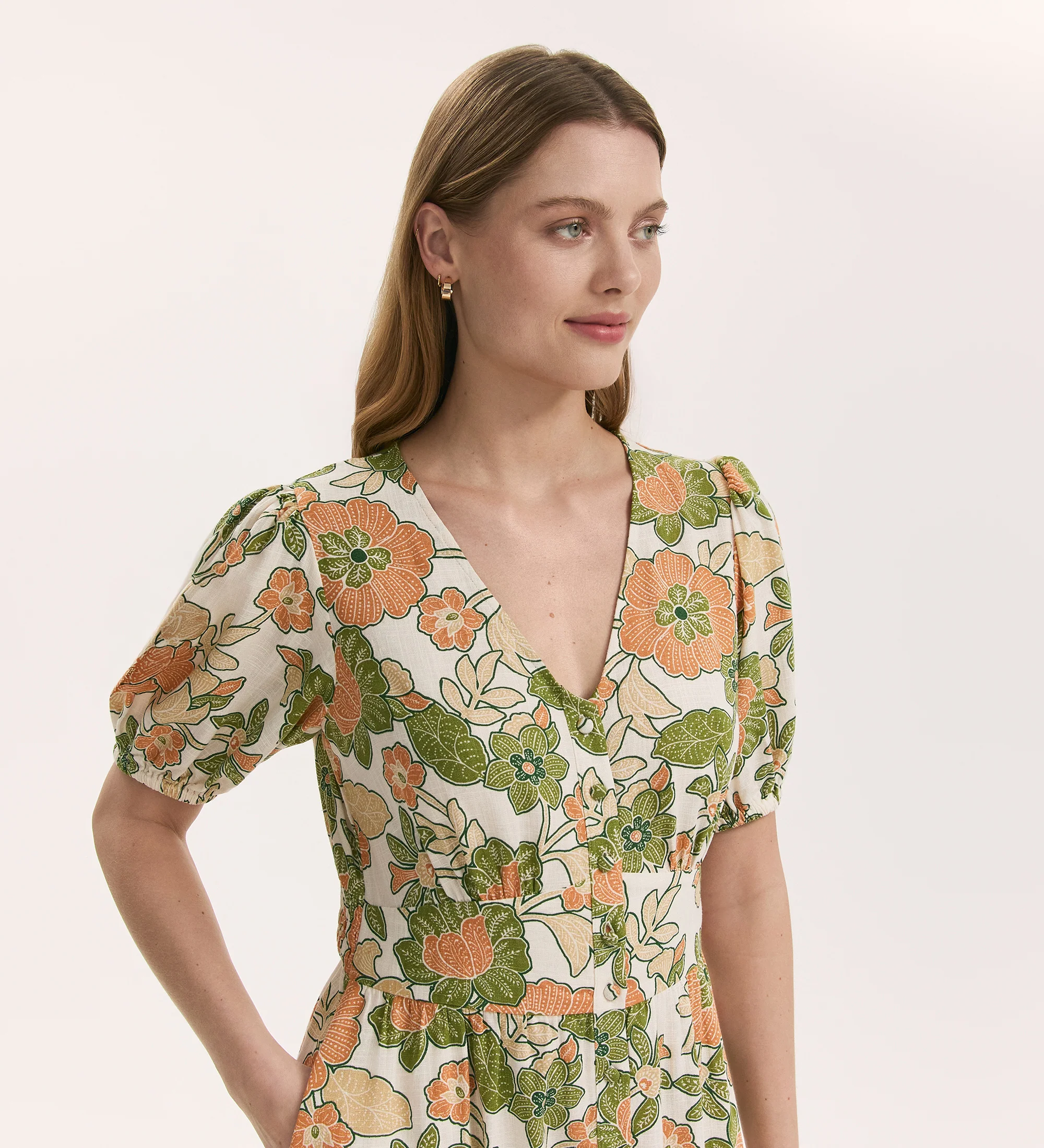 Addison Olive Flower Linen Blend Midi Dress - Image 3