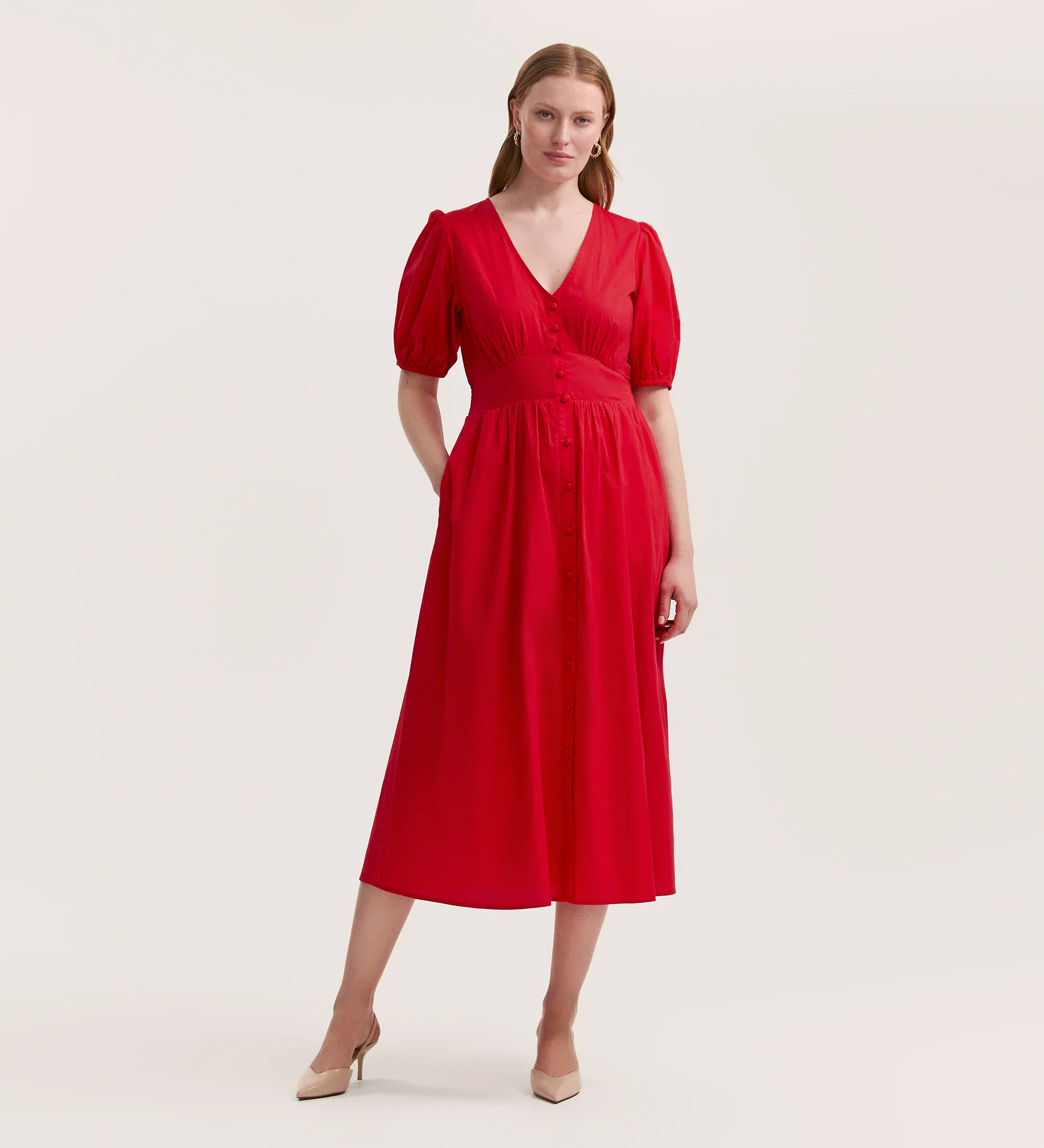Addison Red Cotton Midi Tea Dress
