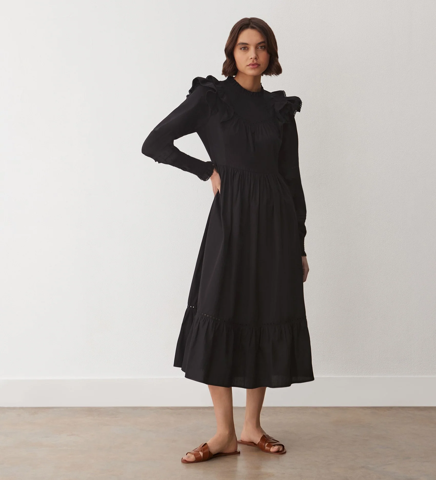 Adela Black Cotton Midi Dress - Image 3