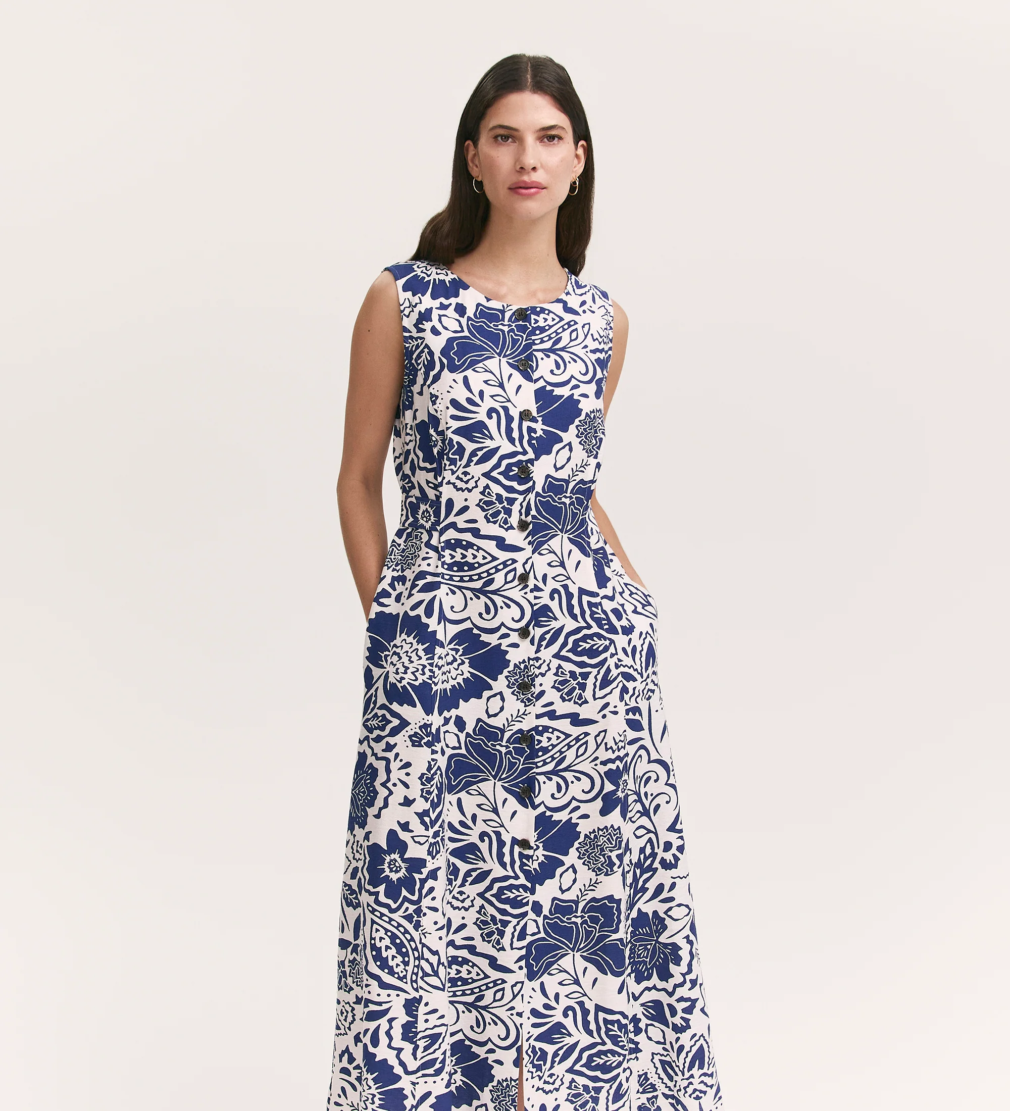 Aimee Navy Flower Button Through Sleeveless Midi Dress - Image 3