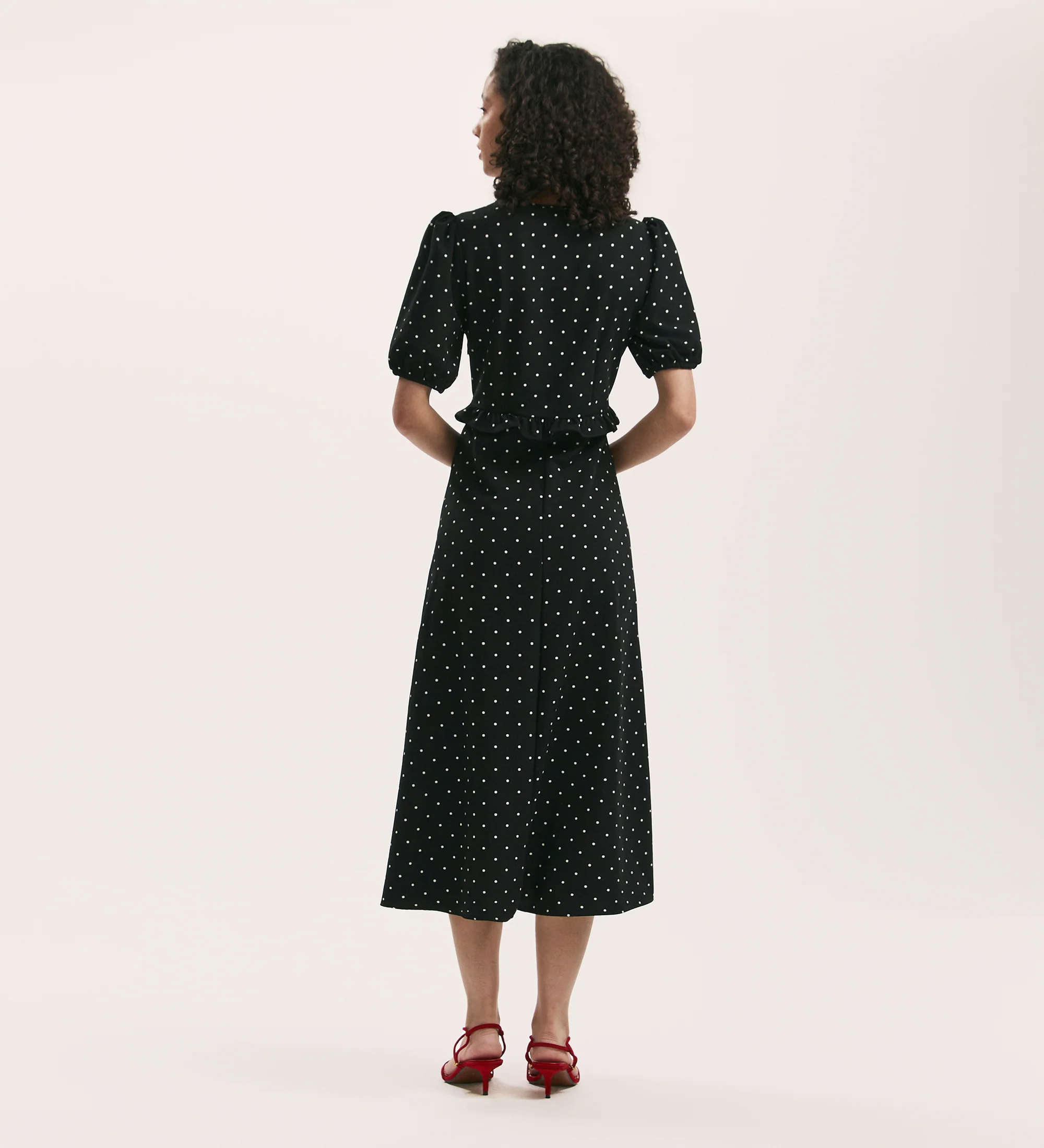 Anika Black Polka Dot Crepe Midi Tea Dress - Image 4
