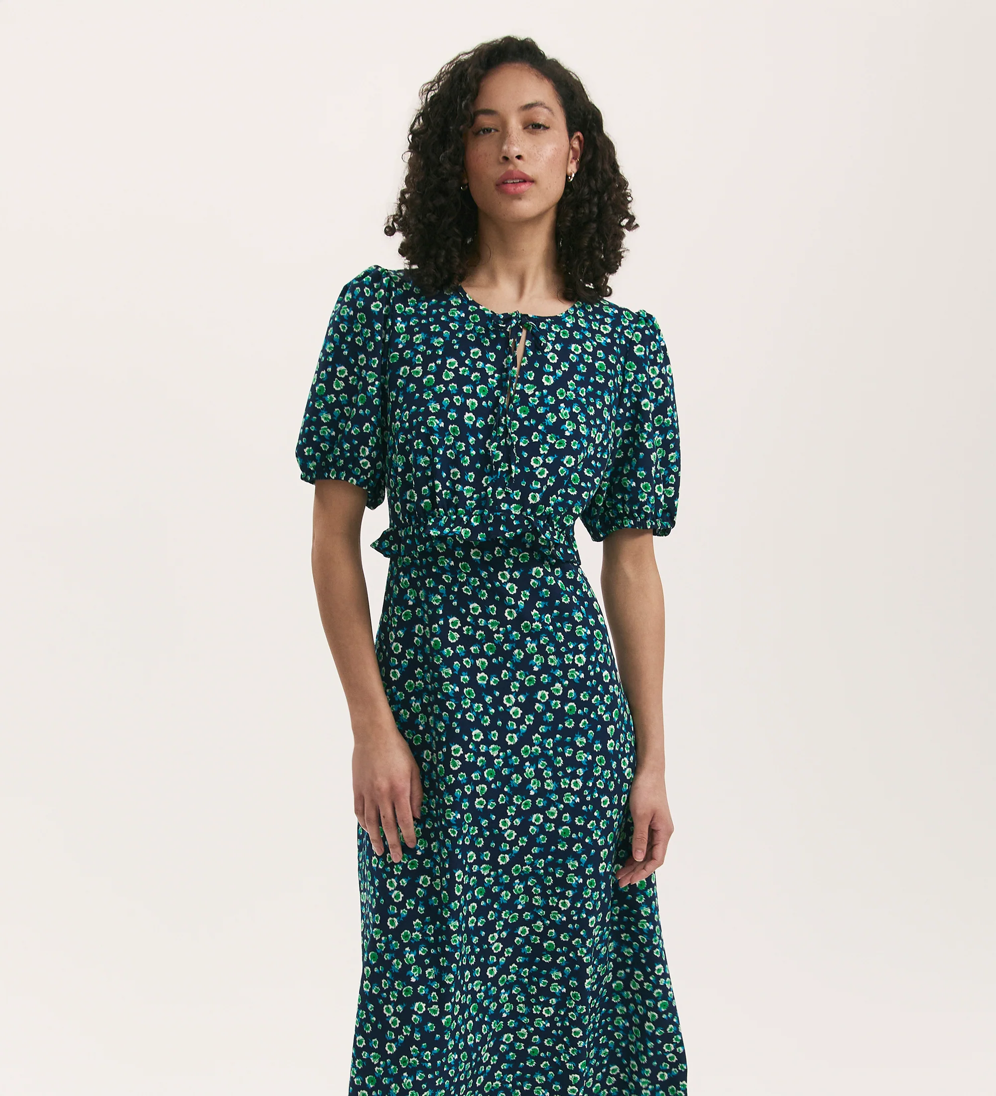 Anika Navy Ditsy Crepe Midi Tea Dress - Image 3