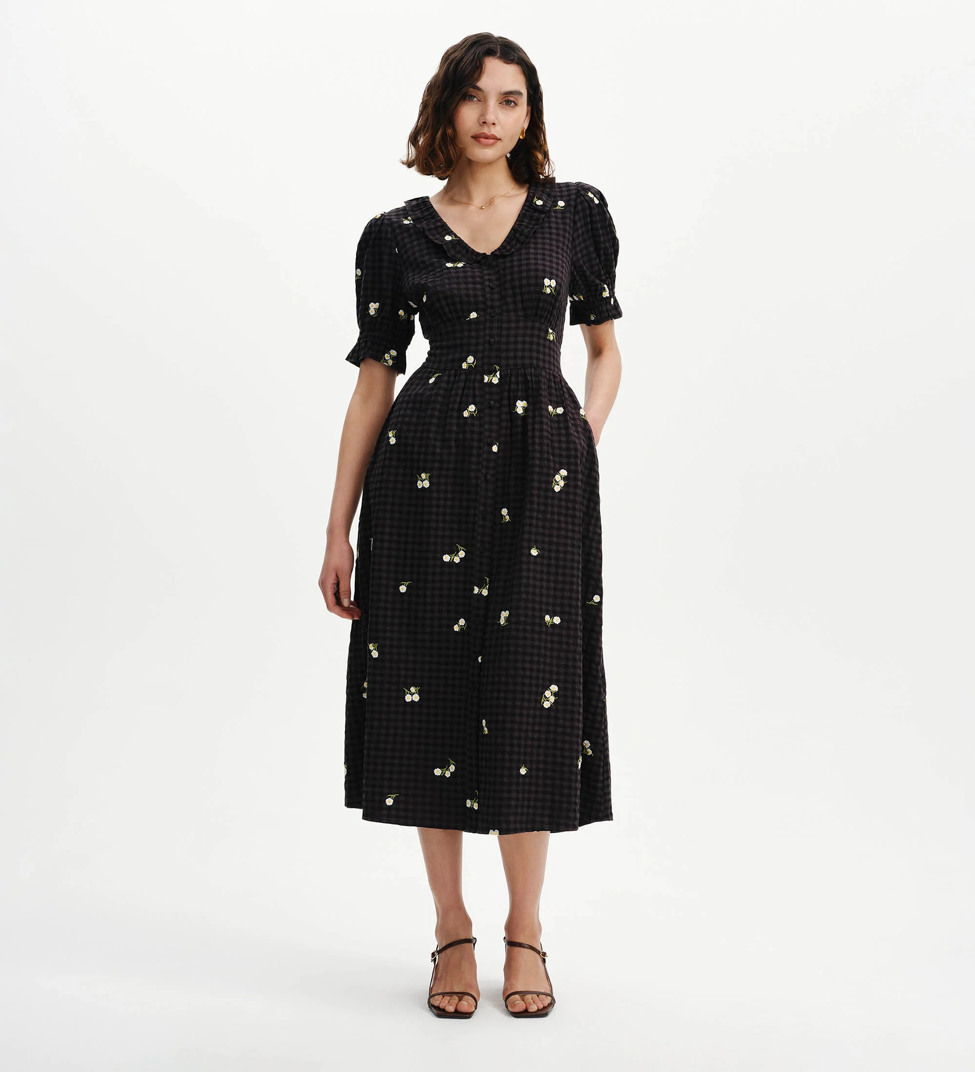 Aoife Black Embroidered Gingham Seersucker Midi Dress - Image 4