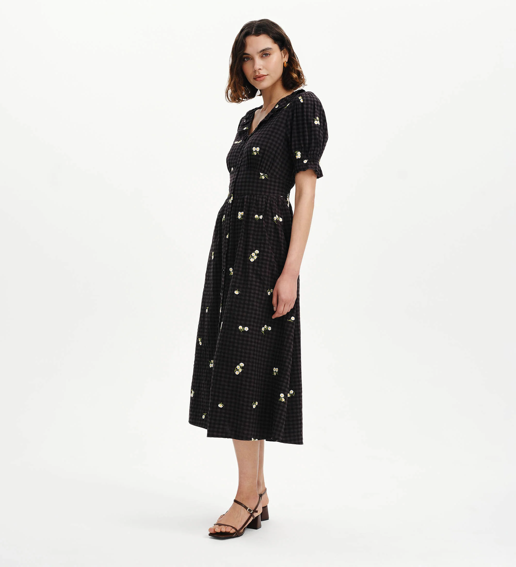Aoife Black Embroidered Gingham Seersucker Midi Dress - Image 5