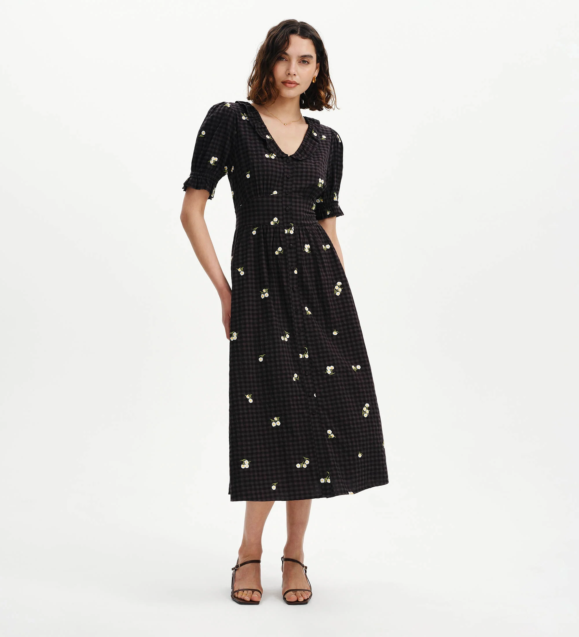 Aoife Black Embroidered Gingham Seersucker Midi Dress - Image 7