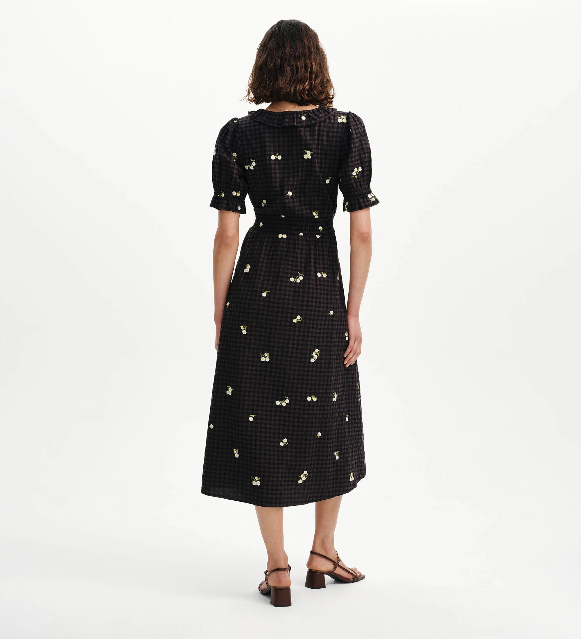 Aoife Black Embroidered Gingham Seersucker Midi Dress - Image 9