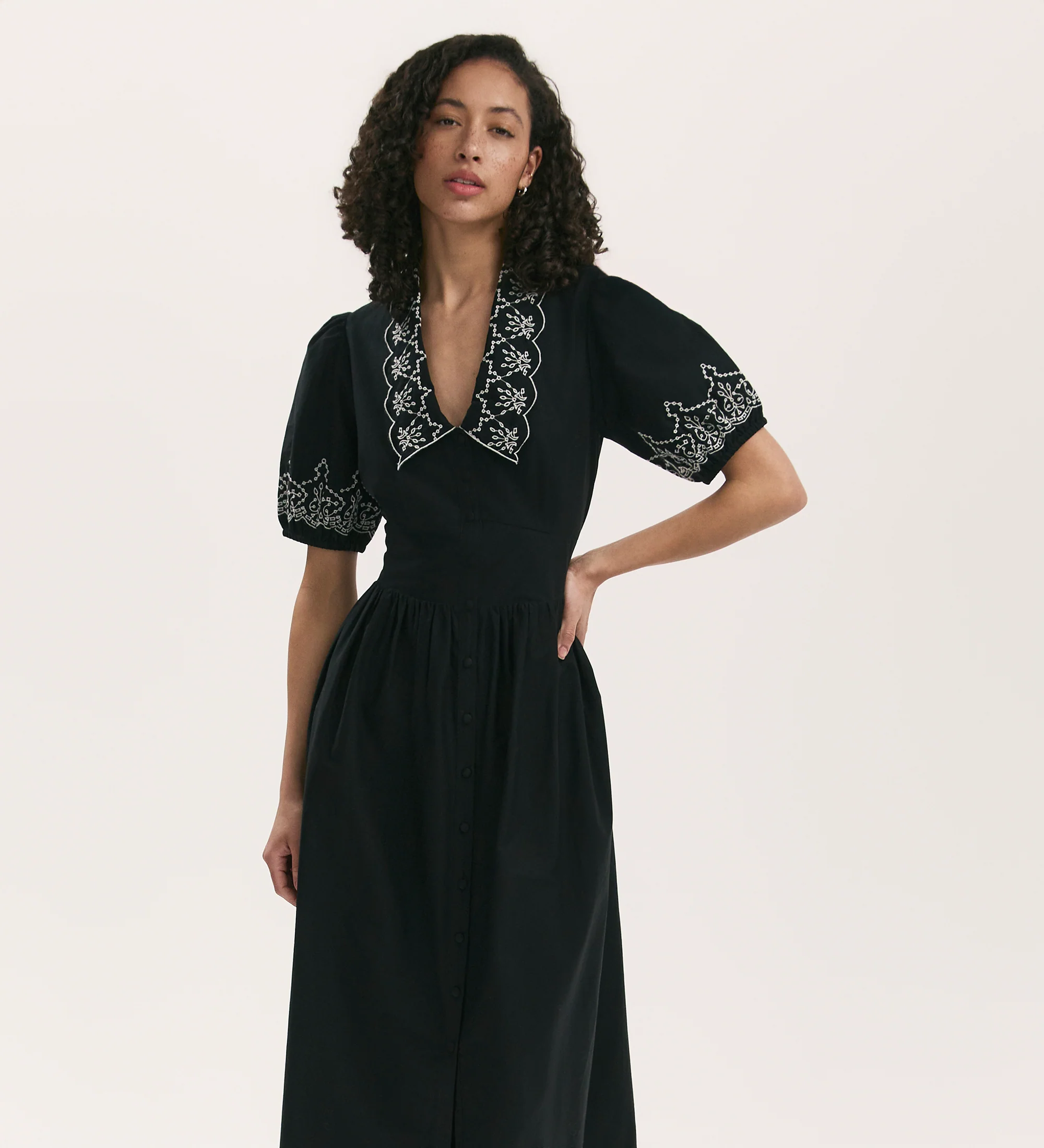 Arianna Black Embroidered Cotton Midi Dress - Image 2