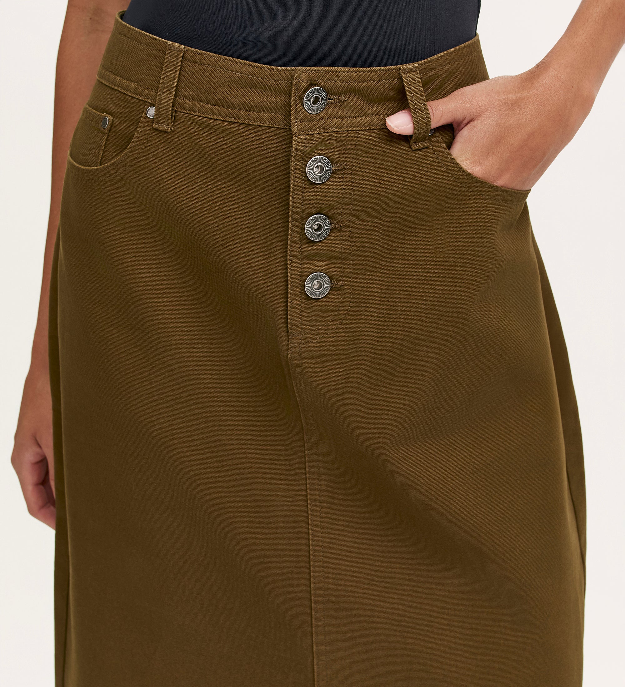 Beth Khaki Canvas Midi Skirt - Image 3