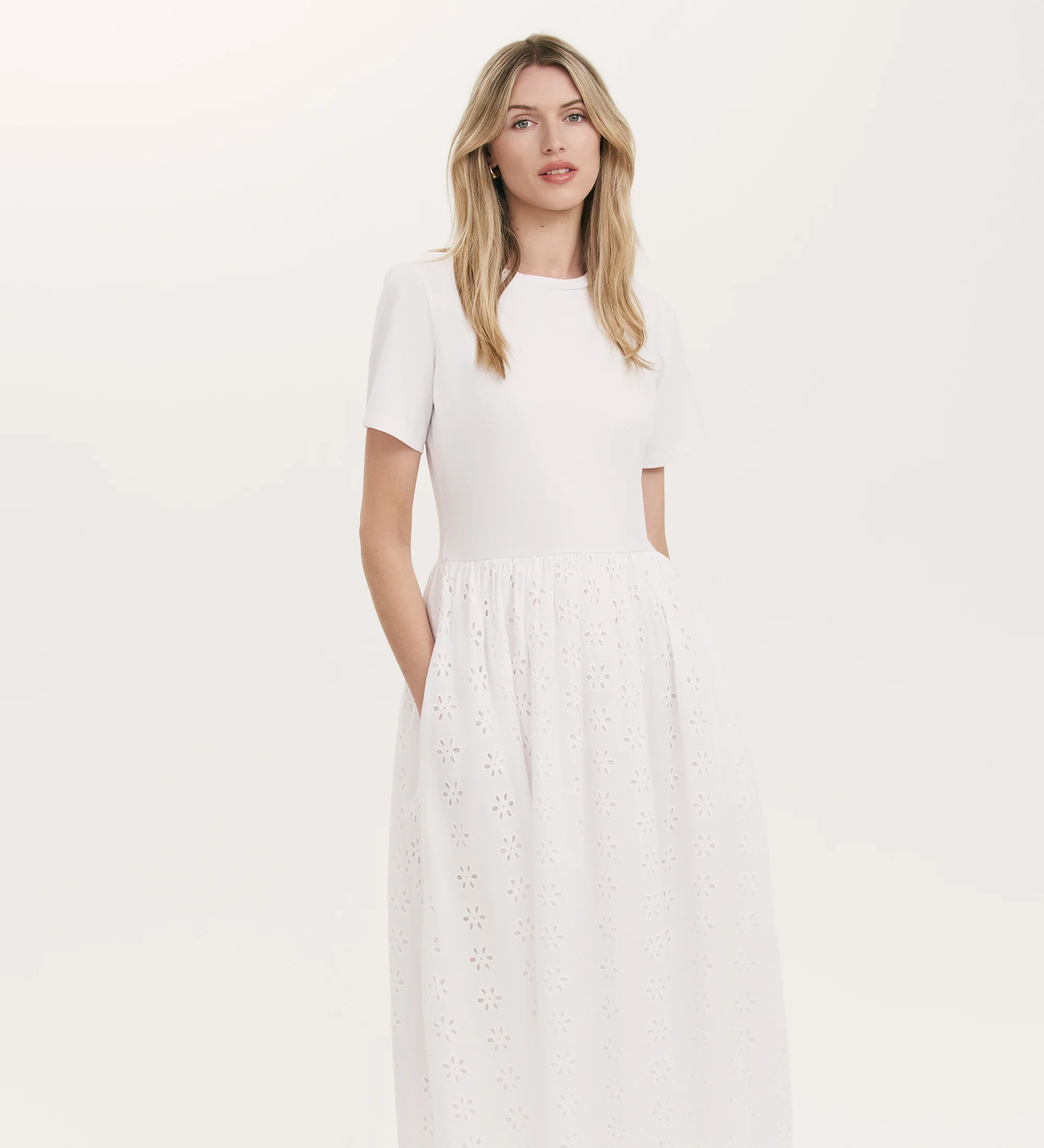 Brea White Cotton Embroidered Midi T-Shirt Dress - Image 3