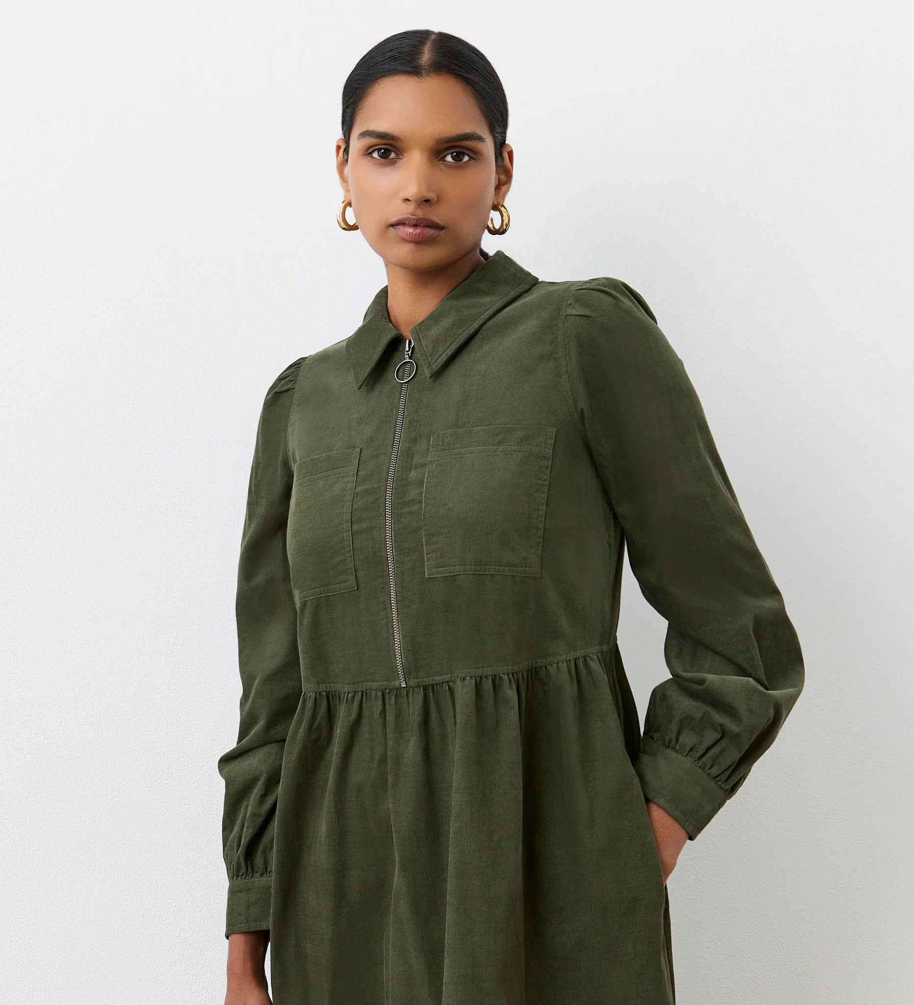 Callie Khaki Corduroy Midi Dress - Image 2