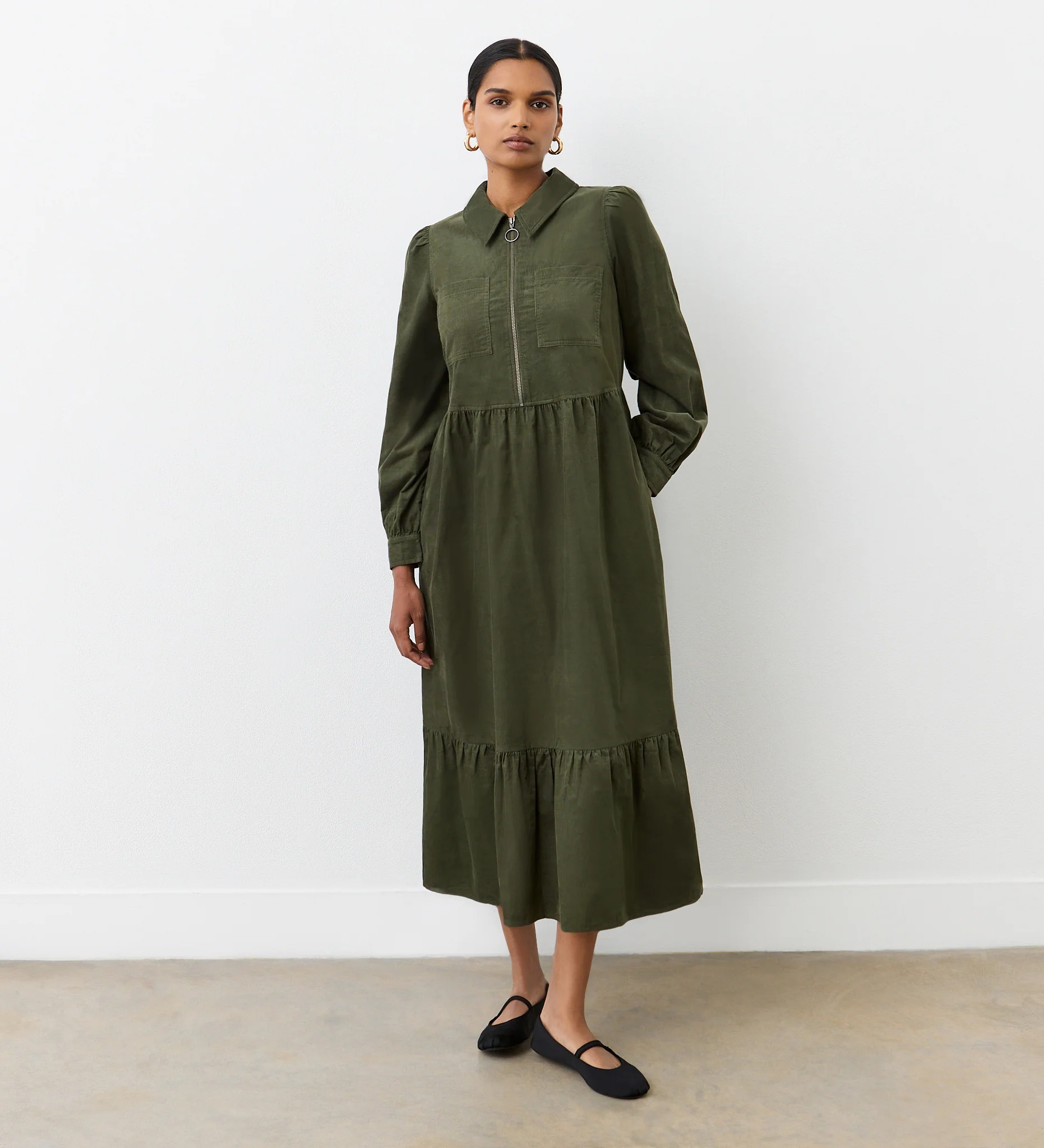 Callie Khaki Corduroy Midi Dress - Image 3