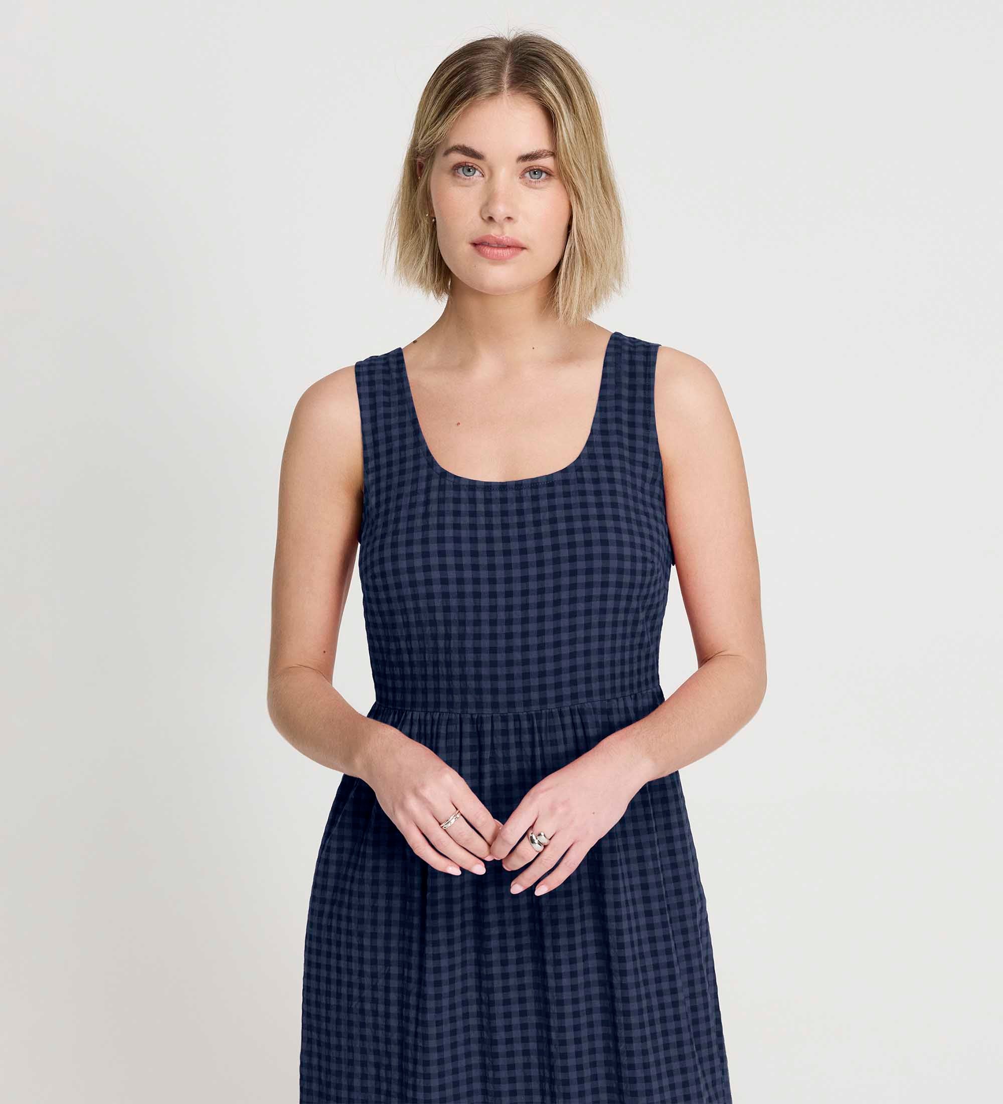 Cara Navy Gingham Seersucker Tiered Midi Dress - Image 4