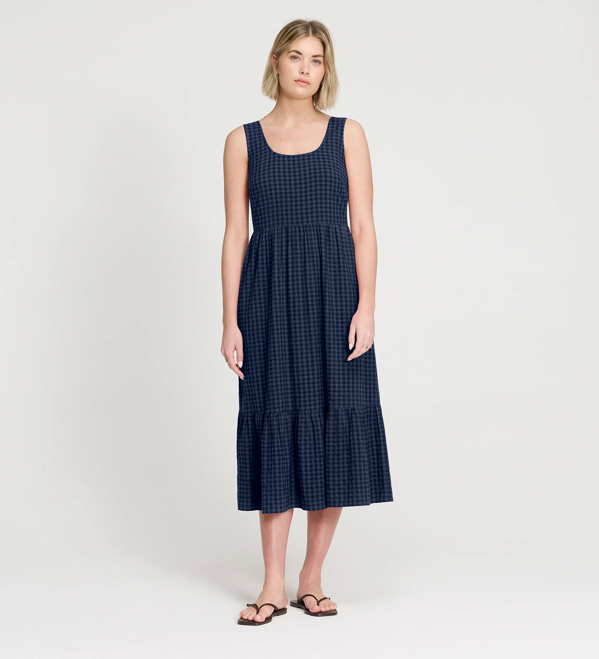 Cara Navy Gingham Seersucker Tiered Midi Dress - Image 5