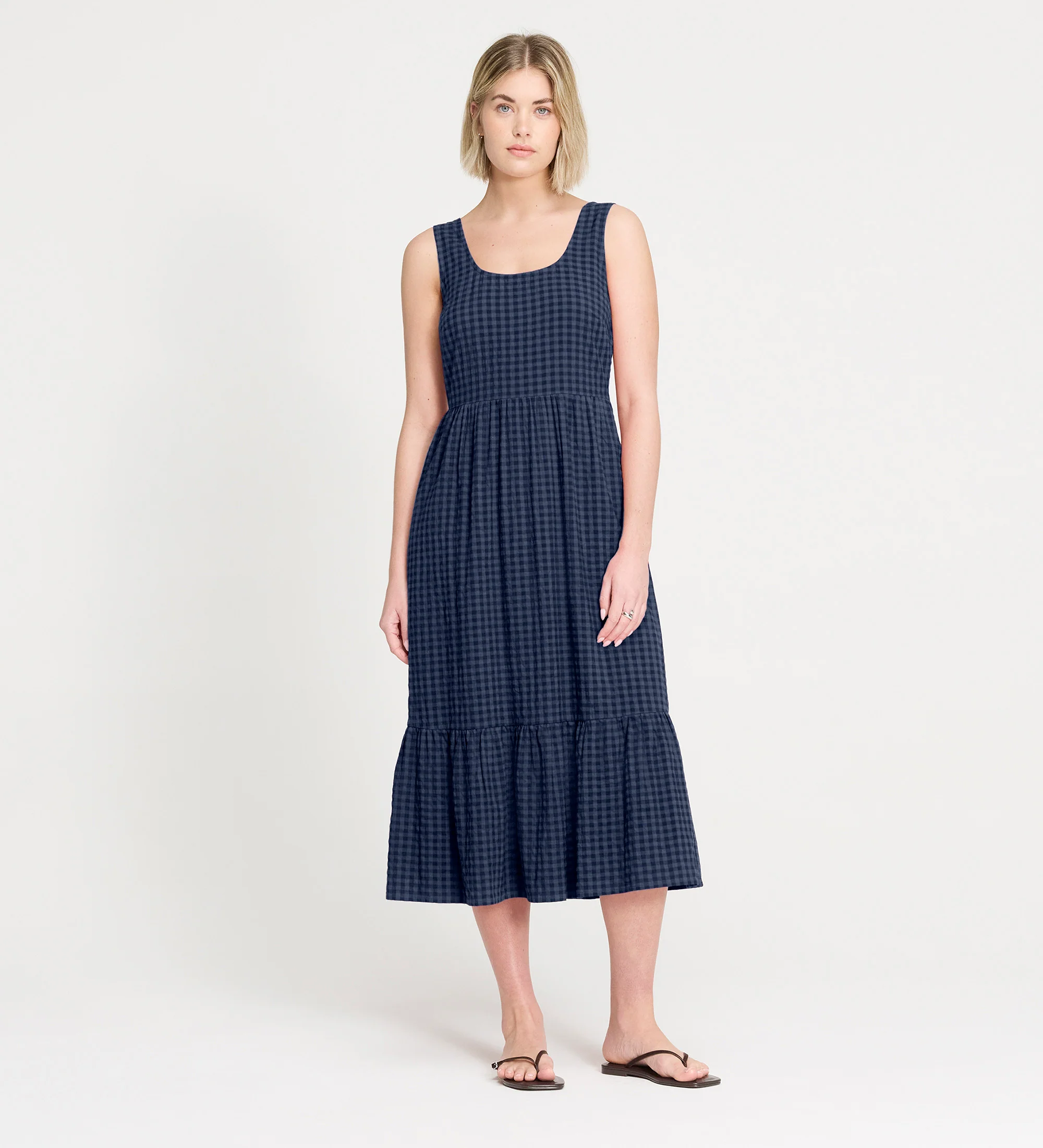 Cara Navy Gingham Seersucker Tiered Midi Dress - Image 7