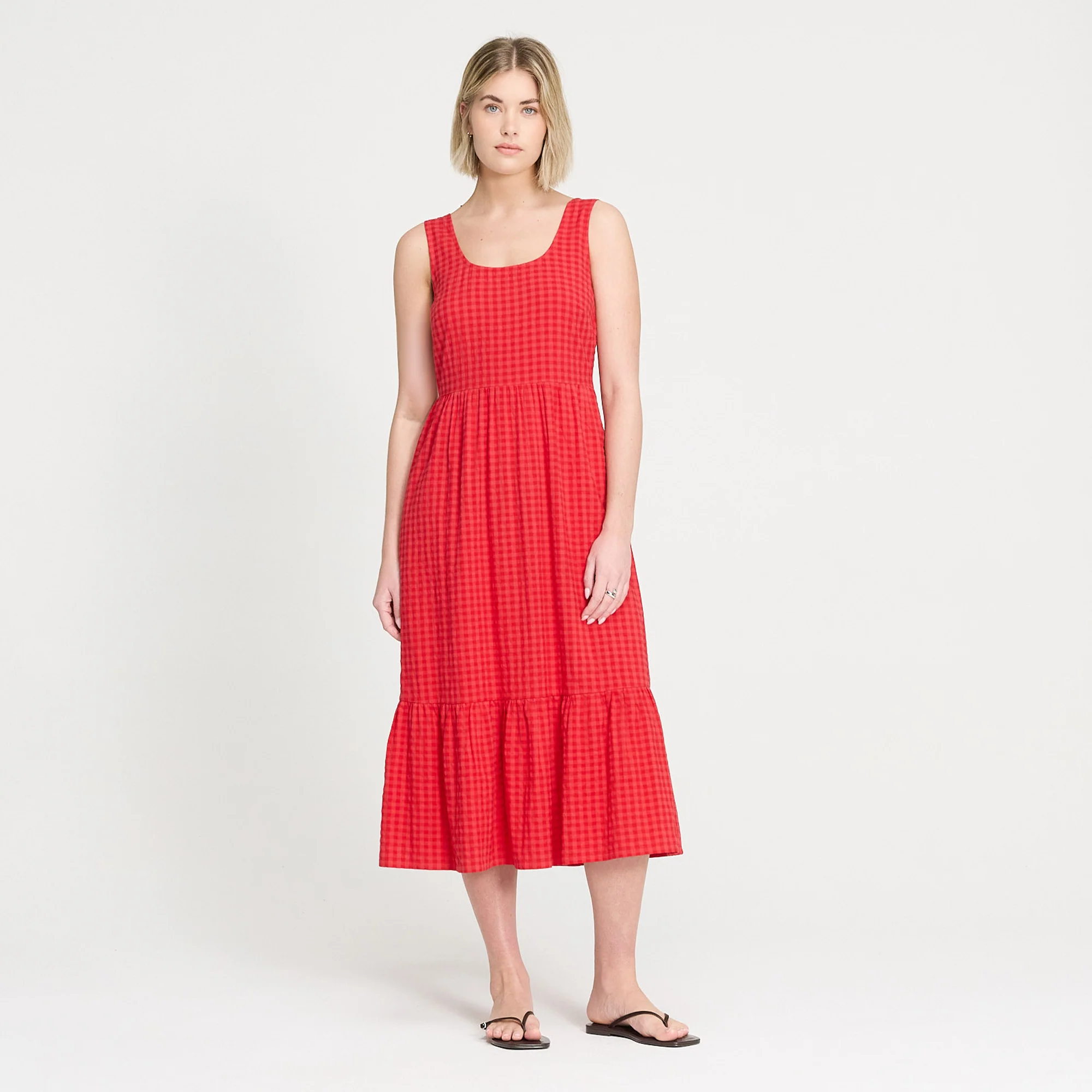Cara Pink Gingham Seersucker Tiered Midi Dress - Image 4