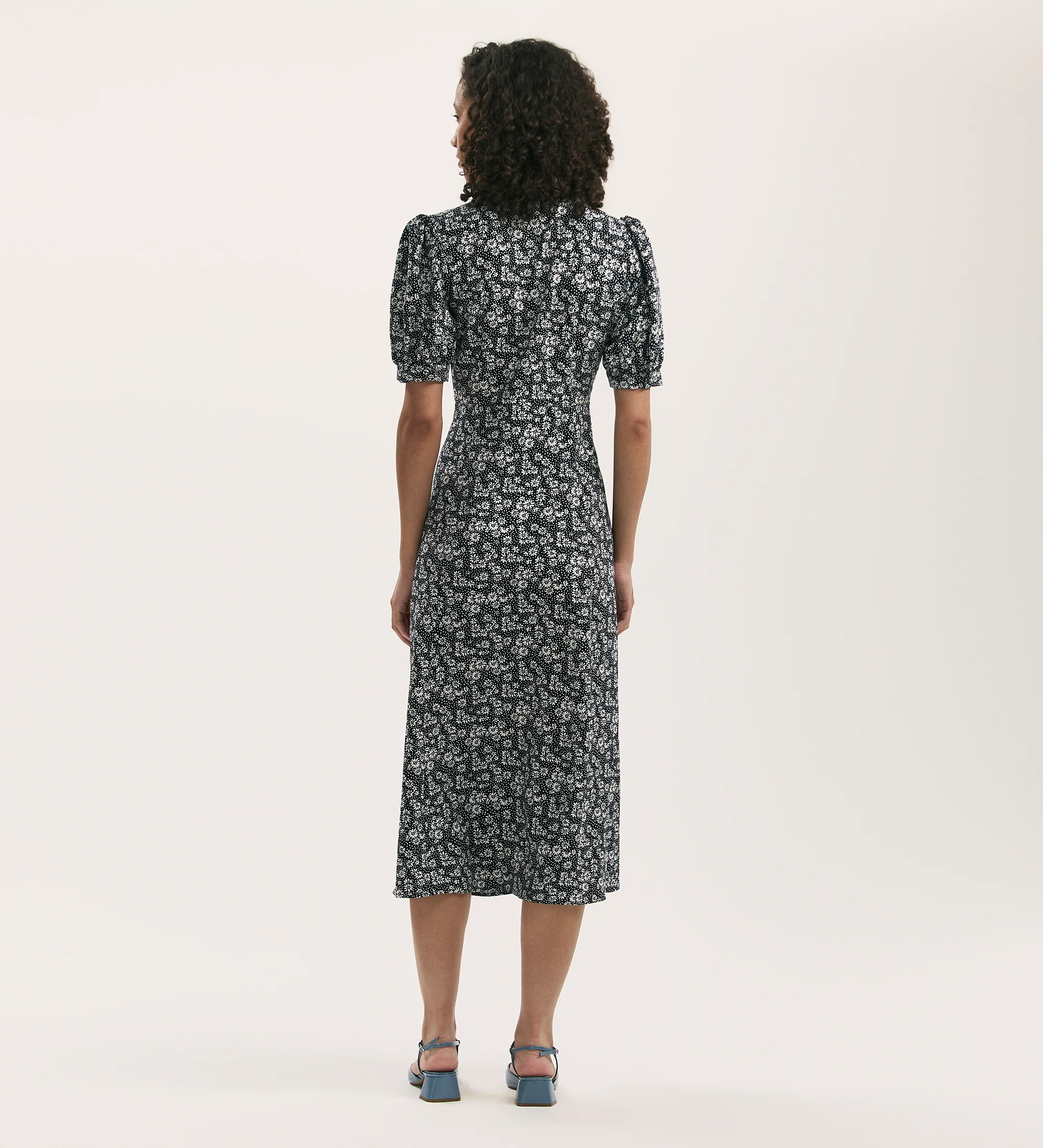 Colette Navy Daisy Crepe Midi Tea Dress - Image 4