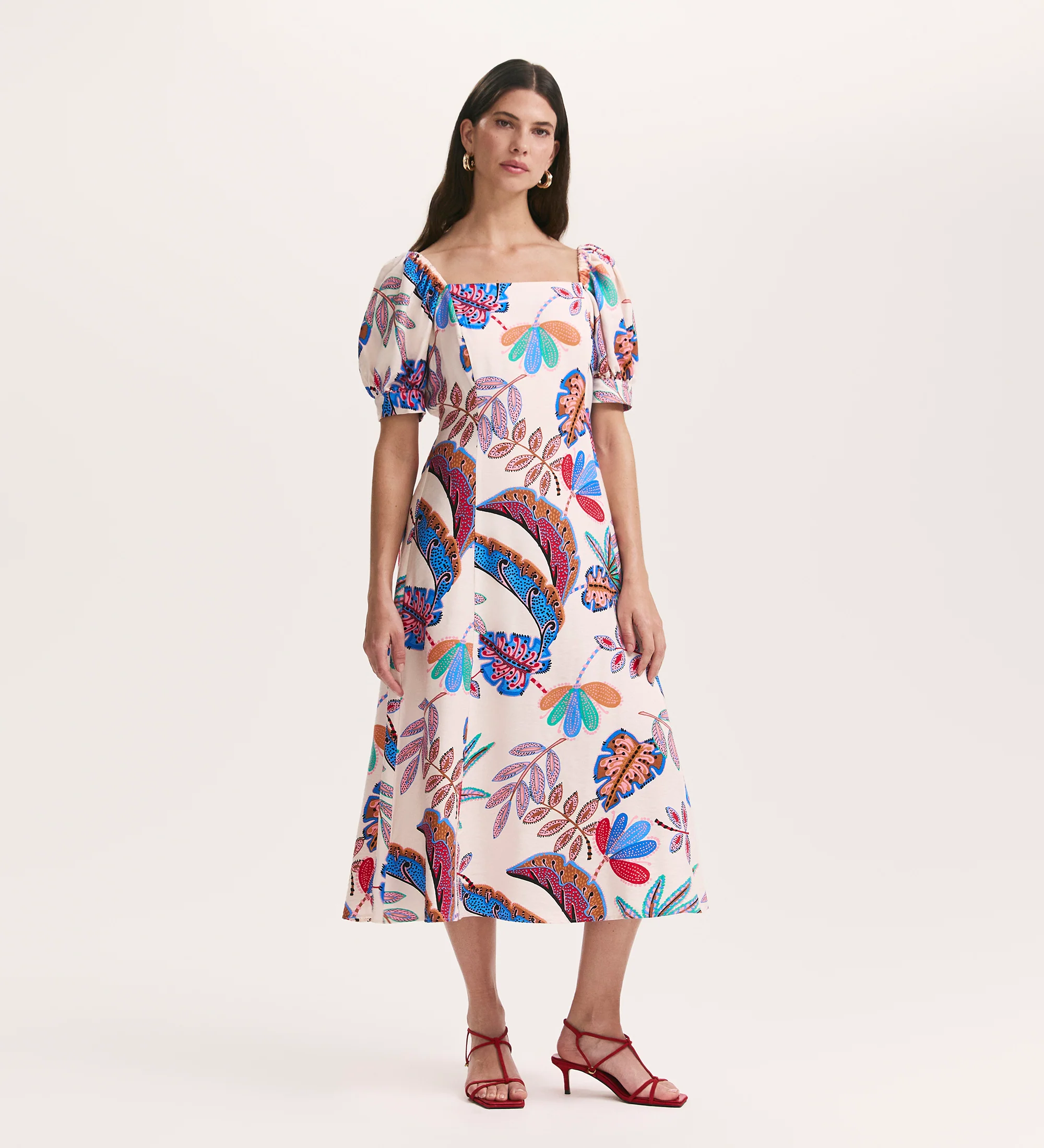 Daisy Cream Leaves Midi Dress
