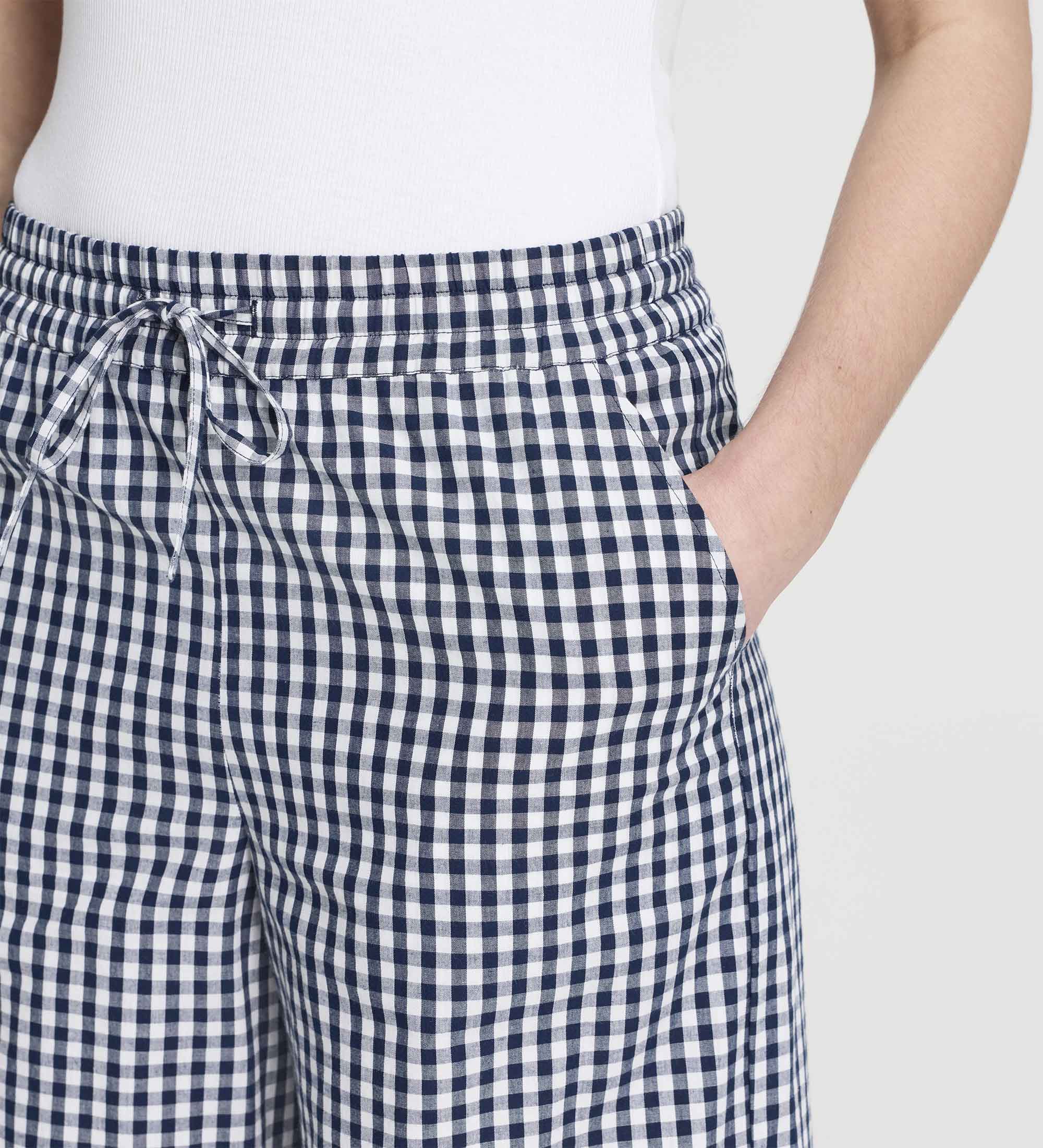 Dixie Navy Cotton Gingham Wide Leg Drawstring Trousers - Image 2