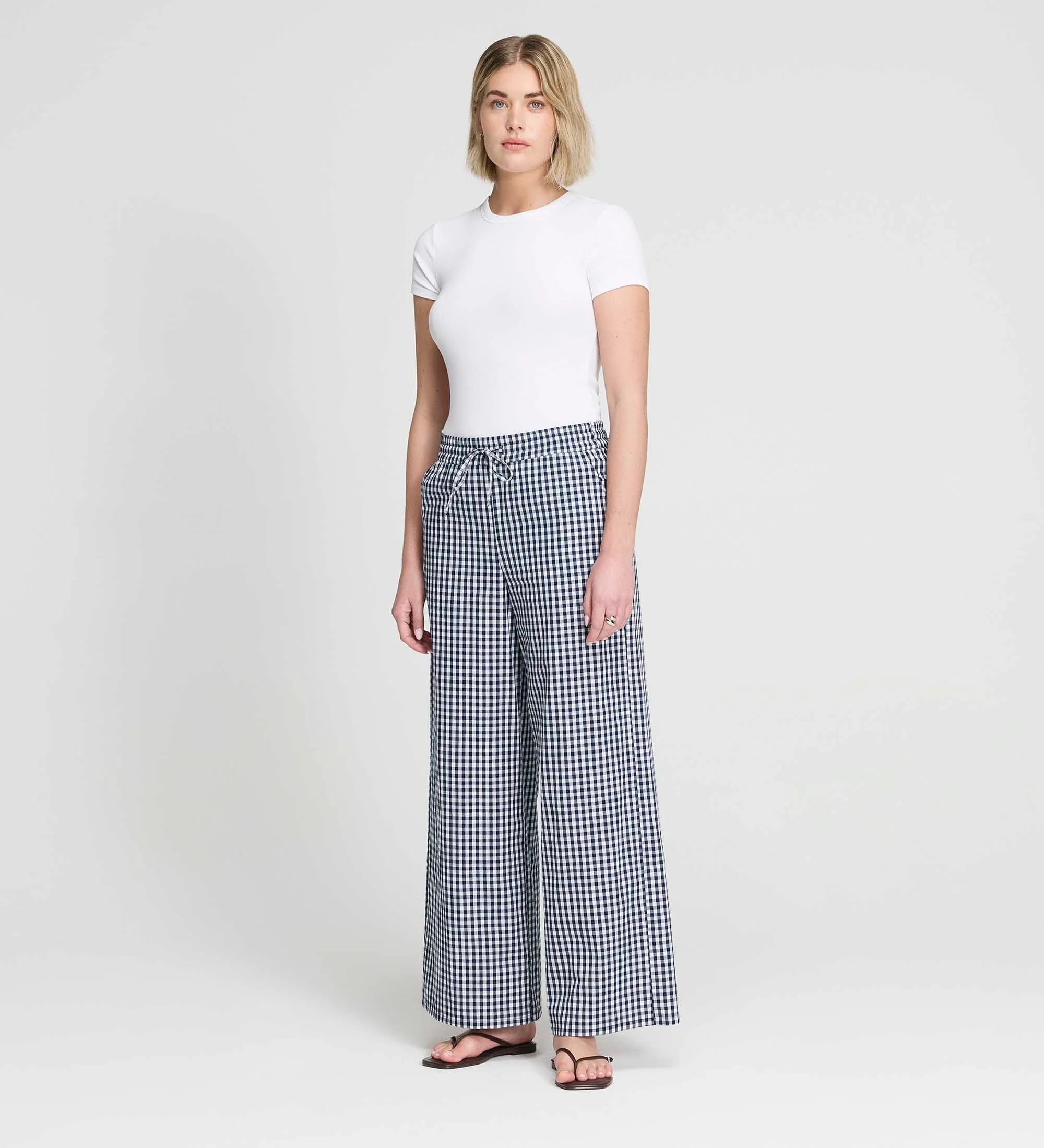 Dixie Navy Cotton Gingham Wide Leg Drawstring Trousers - Image 3