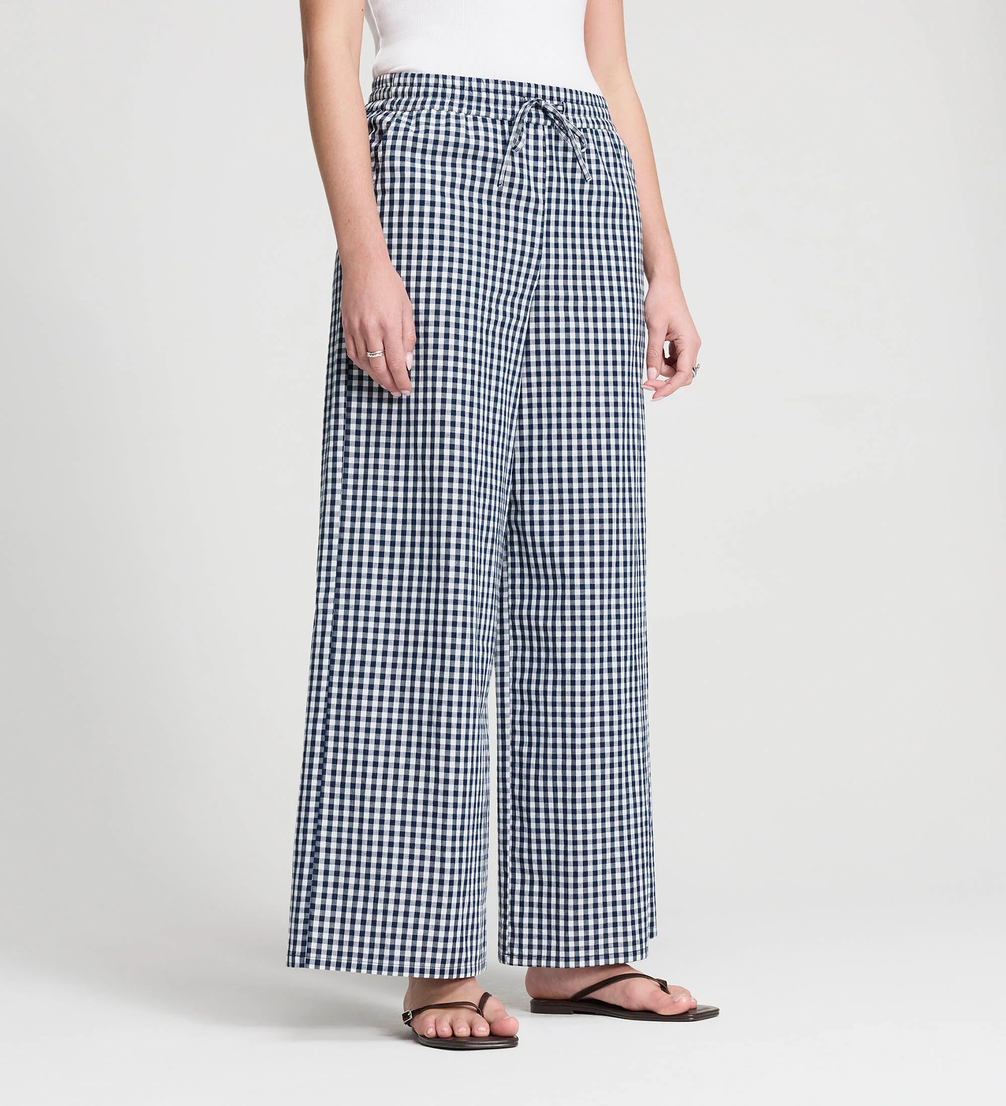 Dixie Navy Cotton Gingham Wide Leg Drawstring Trousers - Image 4
