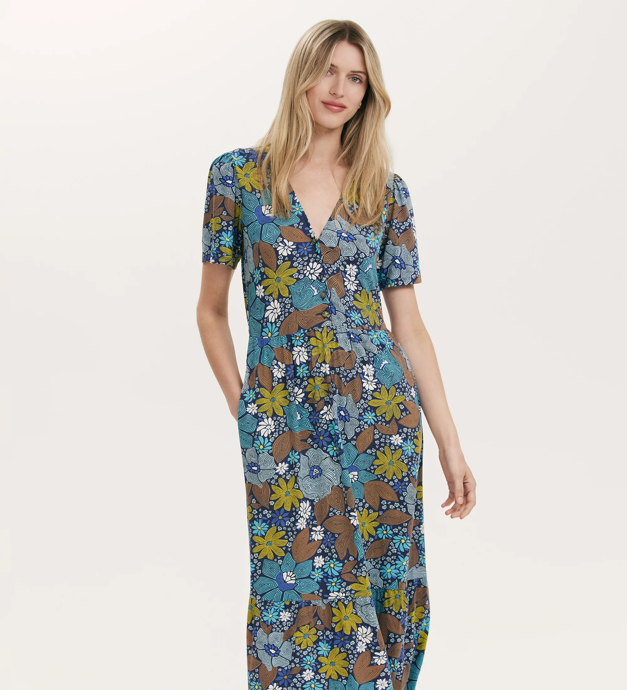 Edith Blue Floral Jersey Midi Dress - Image 2