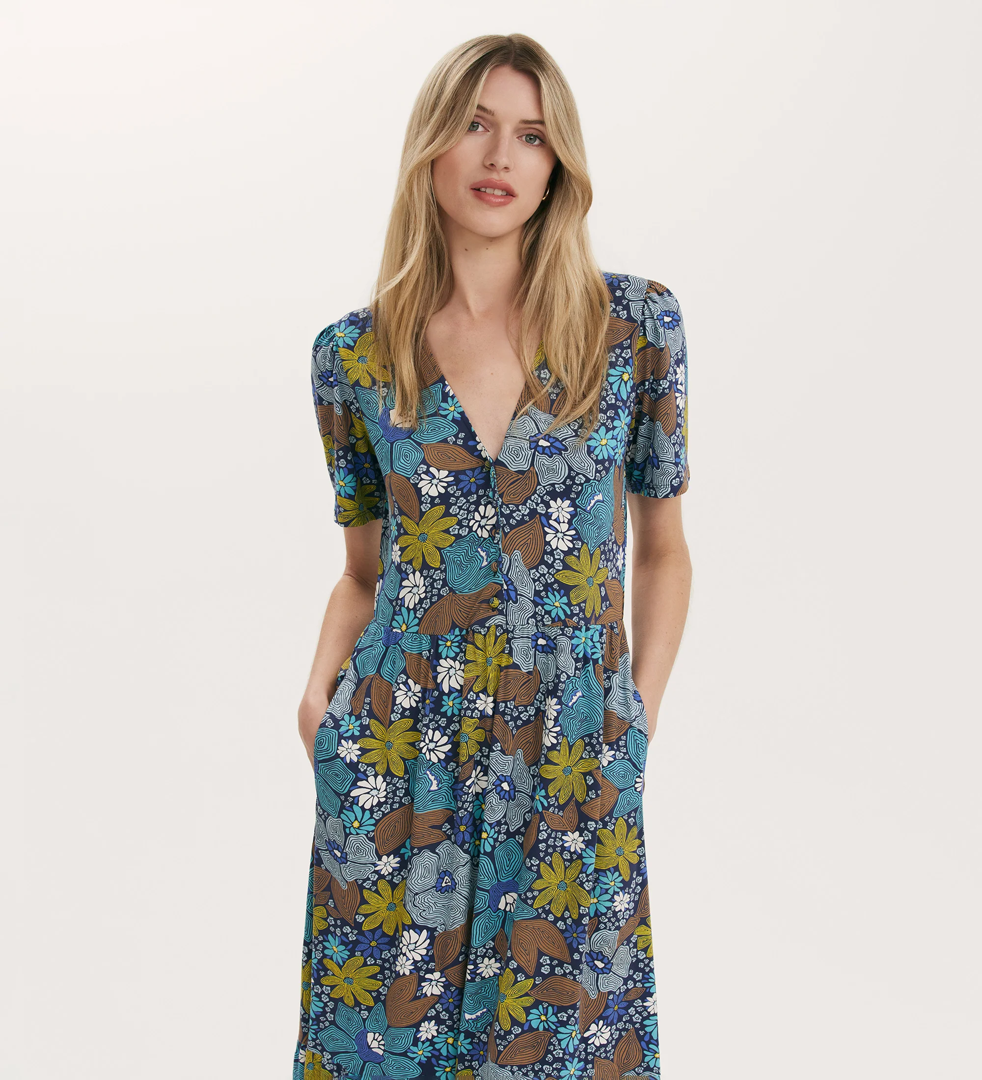 Edith Blue Floral Jersey Midi Dress - Image 3