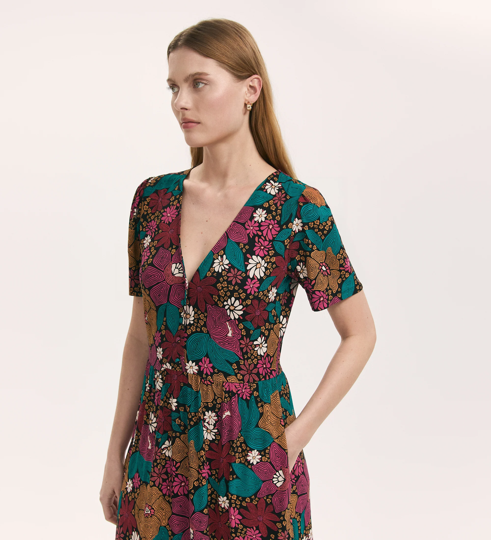 Edith Pink Floral Jersey Midi Dress - Image 3