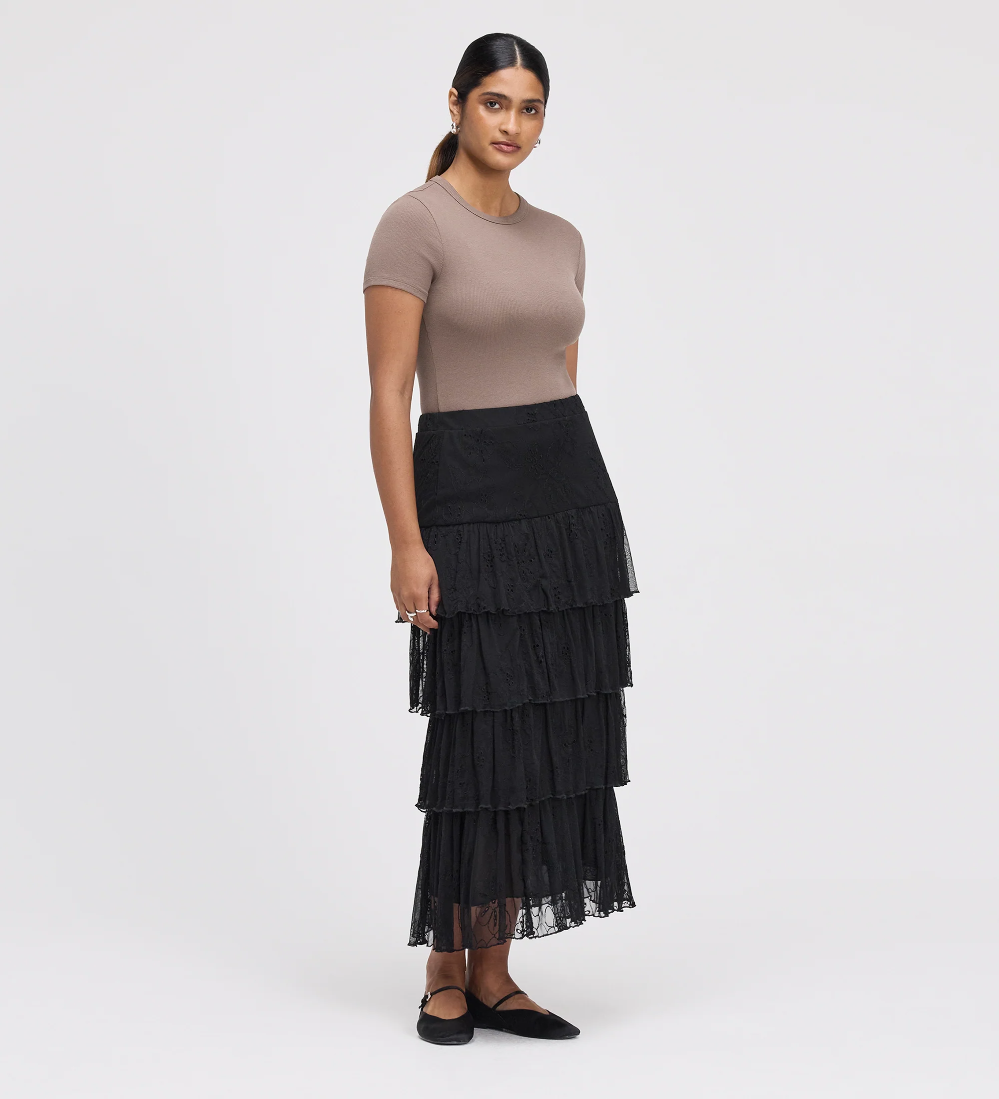 Elisa Black Mesh Midi Tiered Skirt - Image 3