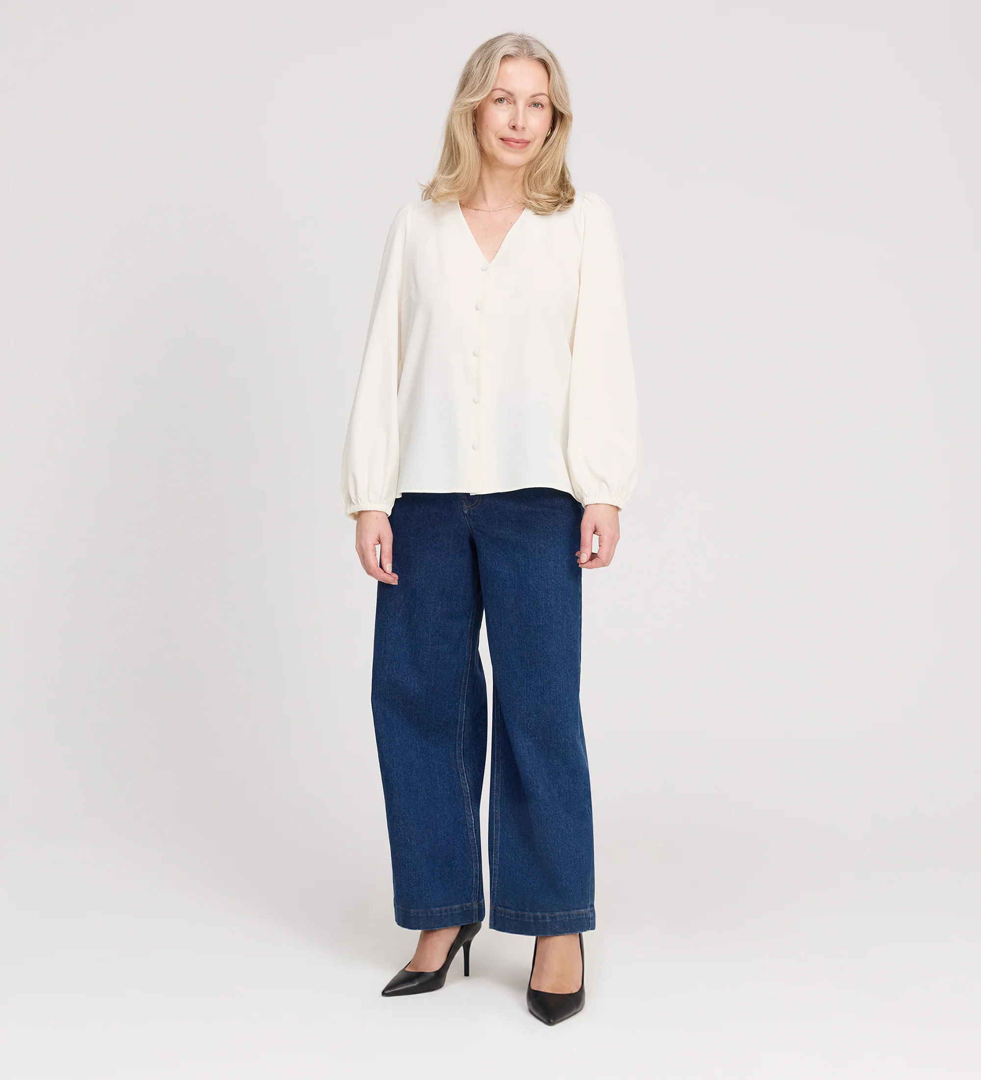 Elvora Ivory Button Up V-neck Top - Image 3
