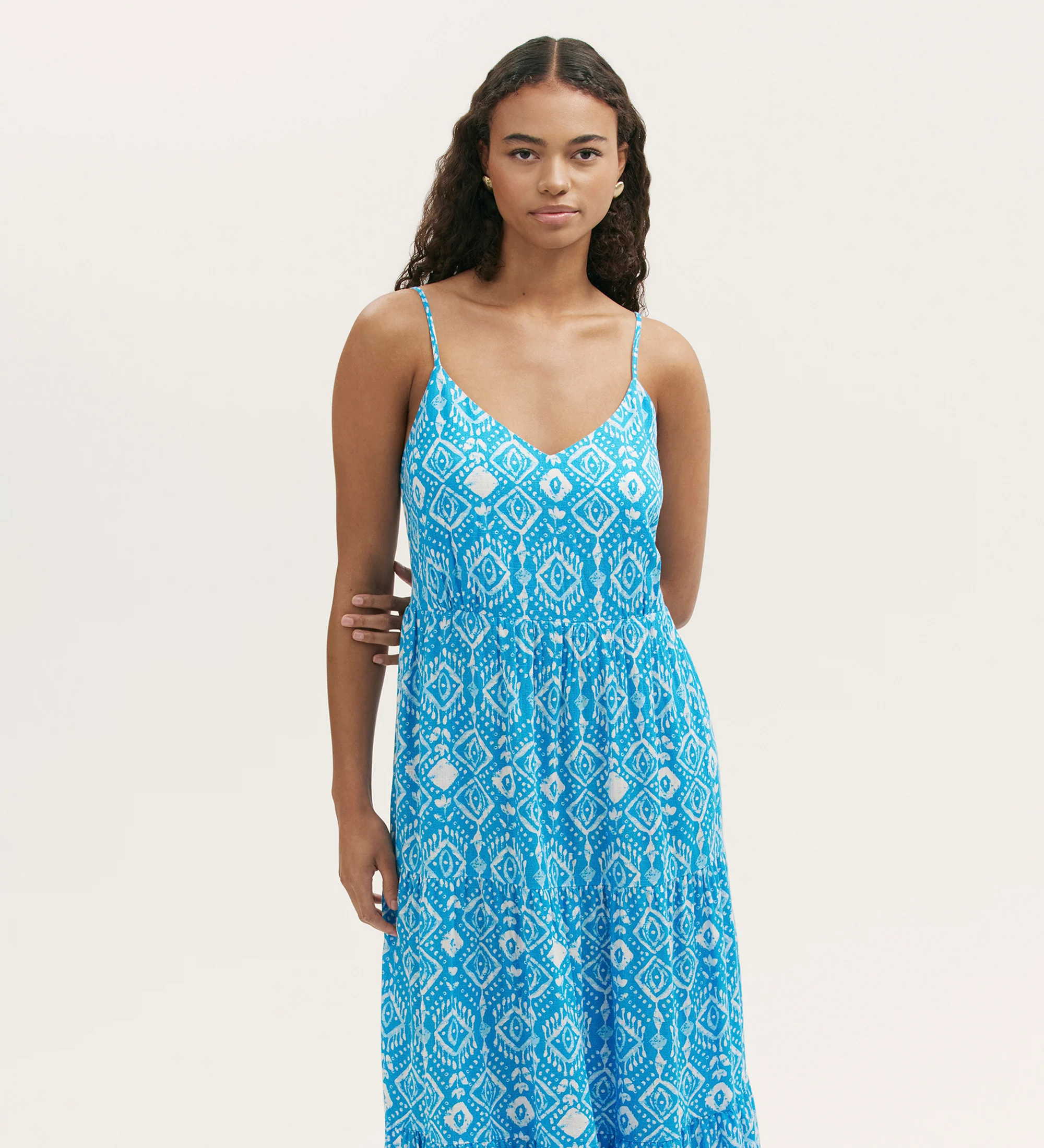 Emmie Blue Woodblock Linen Blend Strappy Tiered Midi Dress - Image 3