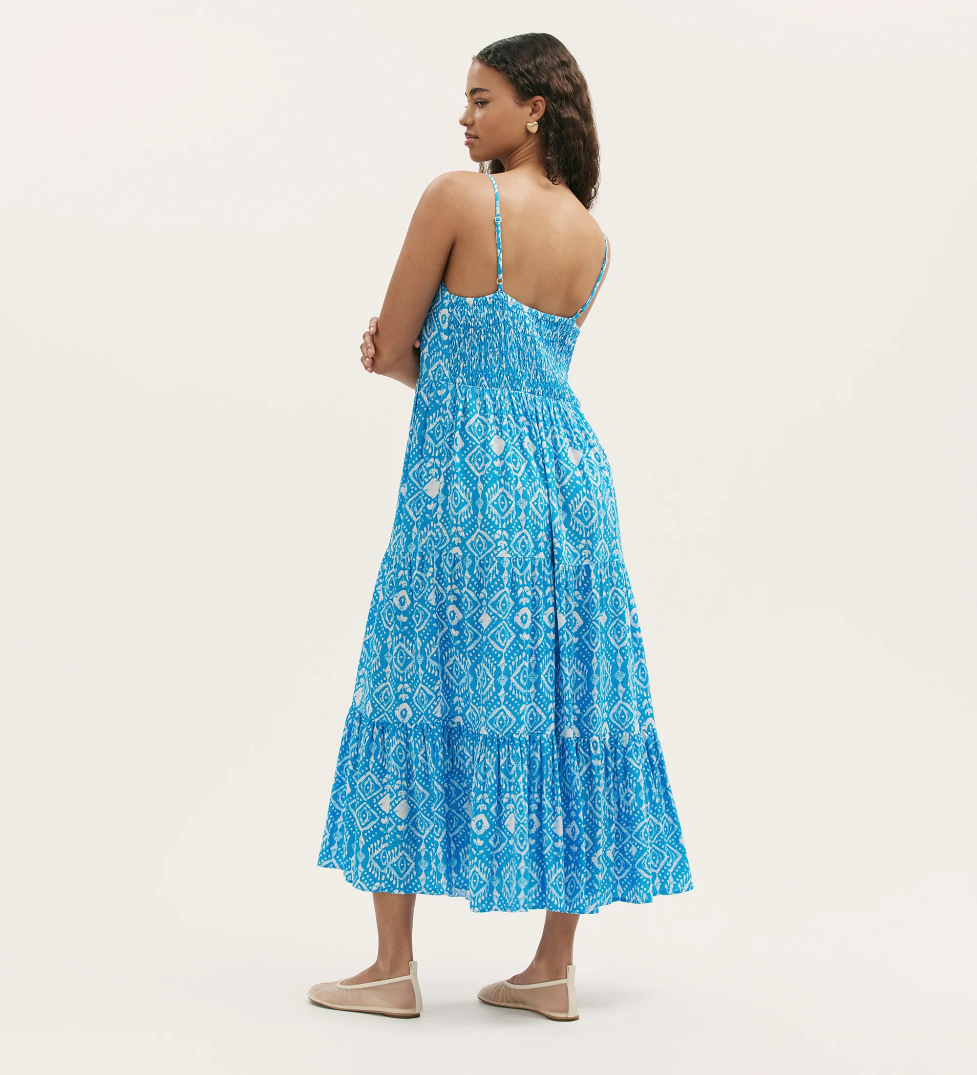 Emmie Blue Woodblock Linen Blend Strappy Tiered Midi Dress - Image 4