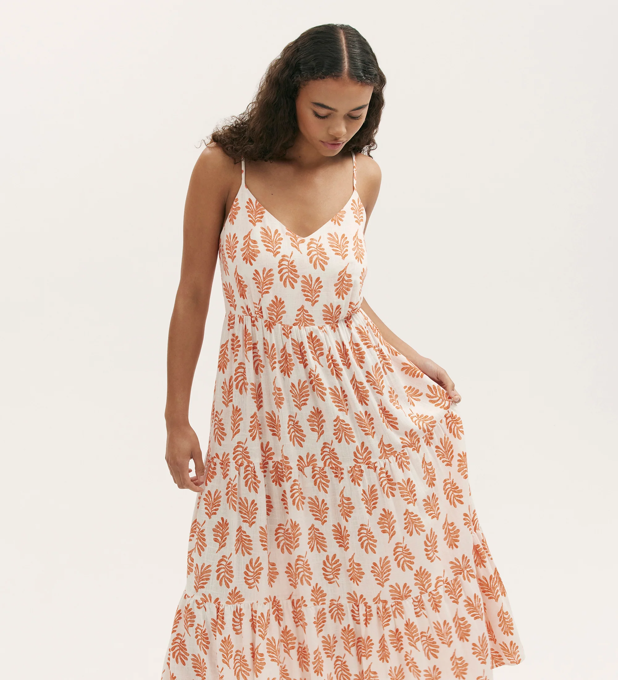 Emmie Ivory Woodblock Linen Blend Strappy Tiered Midi Dress - Image 2