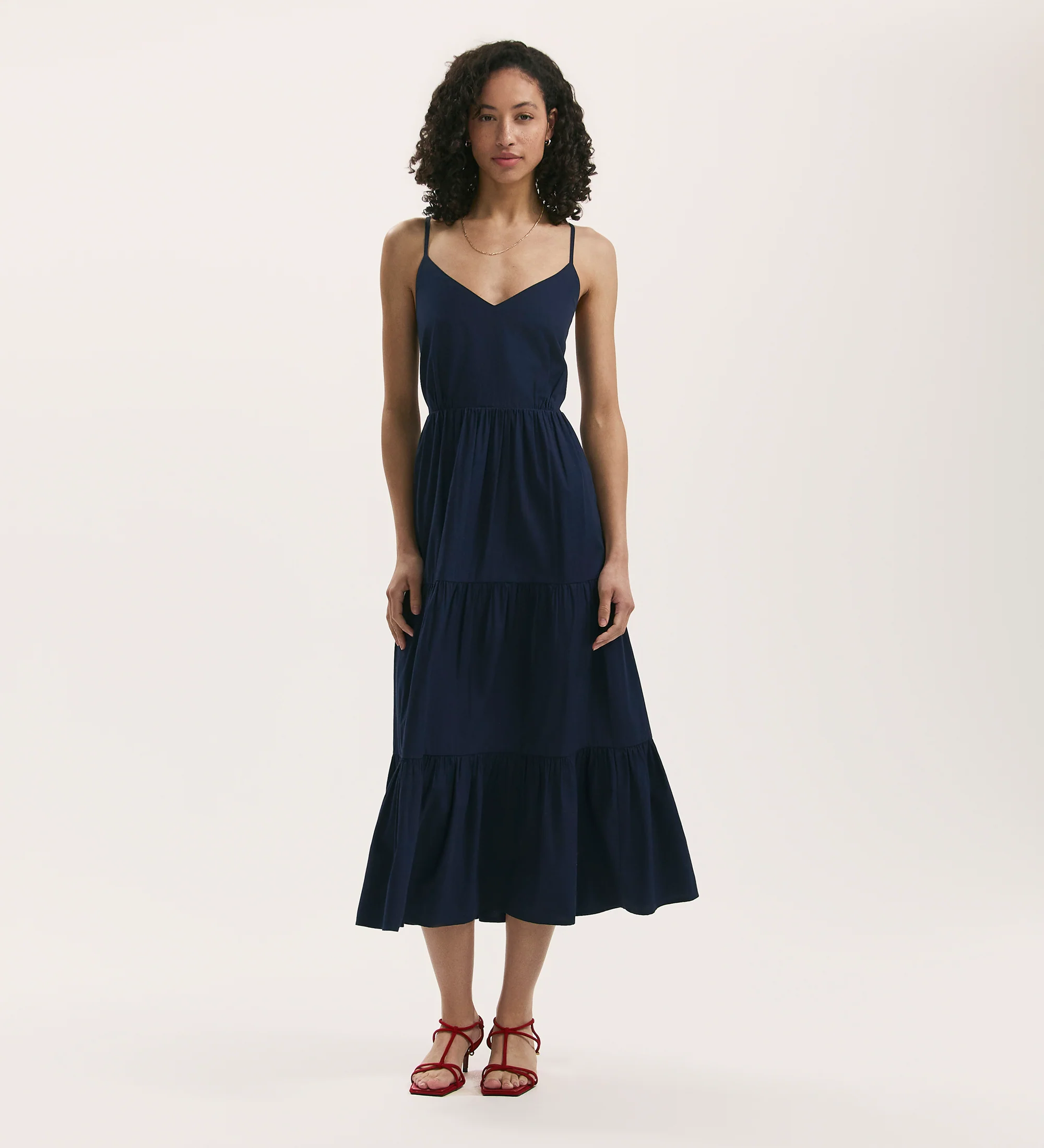 Emmie Navy Cotton Midi Tiered Dress