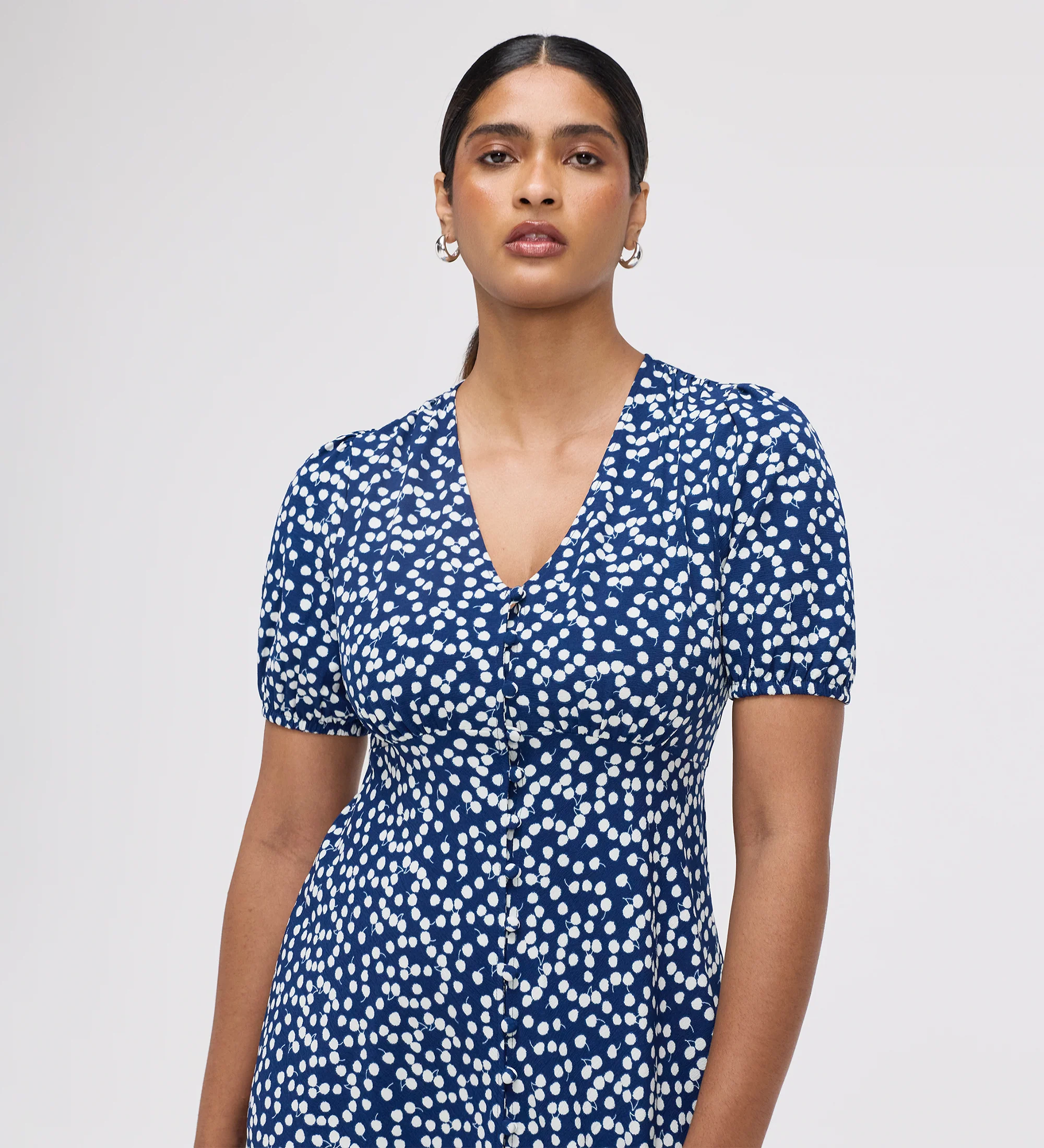Ensley Navy Cherry Spot Button Through Short Dress - Image 2