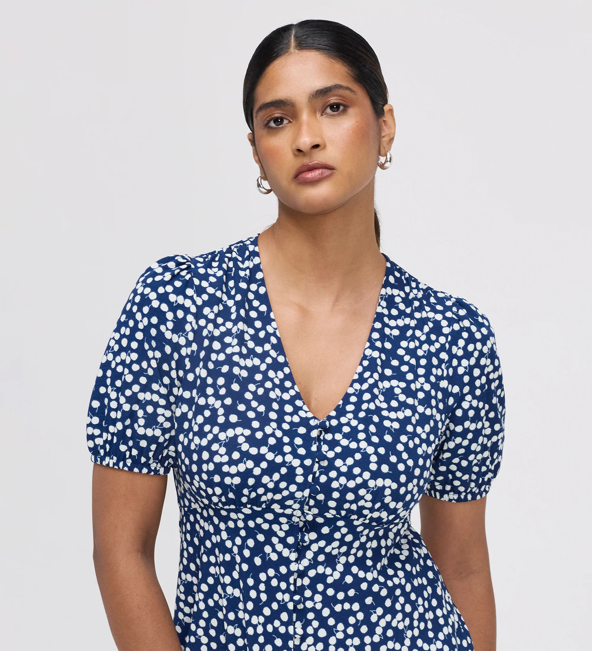 Ensley Navy Cherry Spot Button Through Short Dress - Image 3