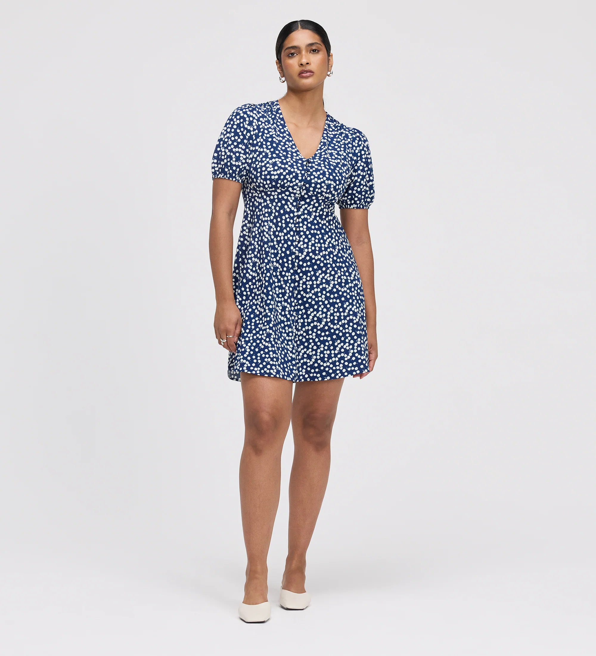 Ensley Navy Cherry Spot Button Through Short Dress - Image 5