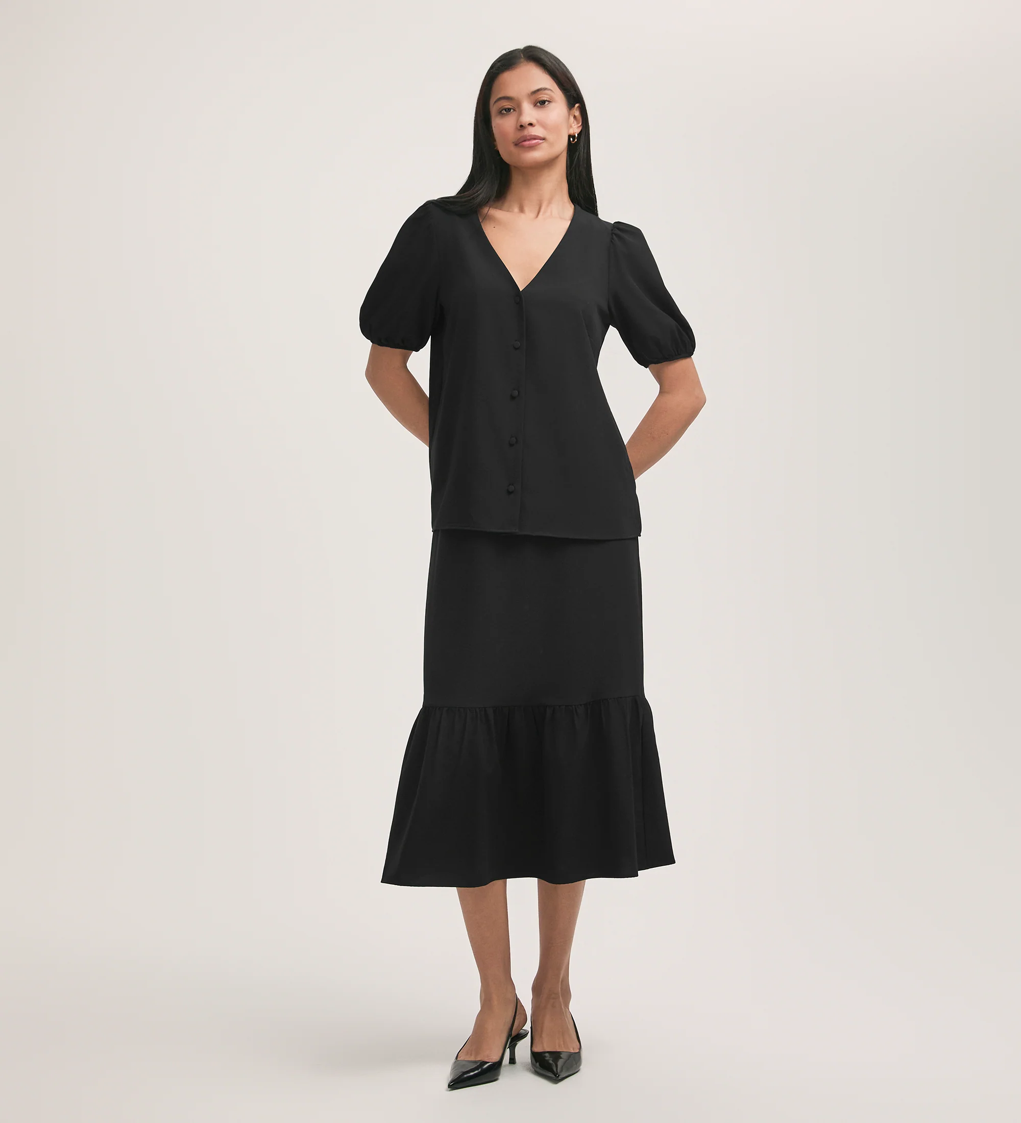 Fleur Black Crepe Short Sleeve Button Up Blouse - Image 4