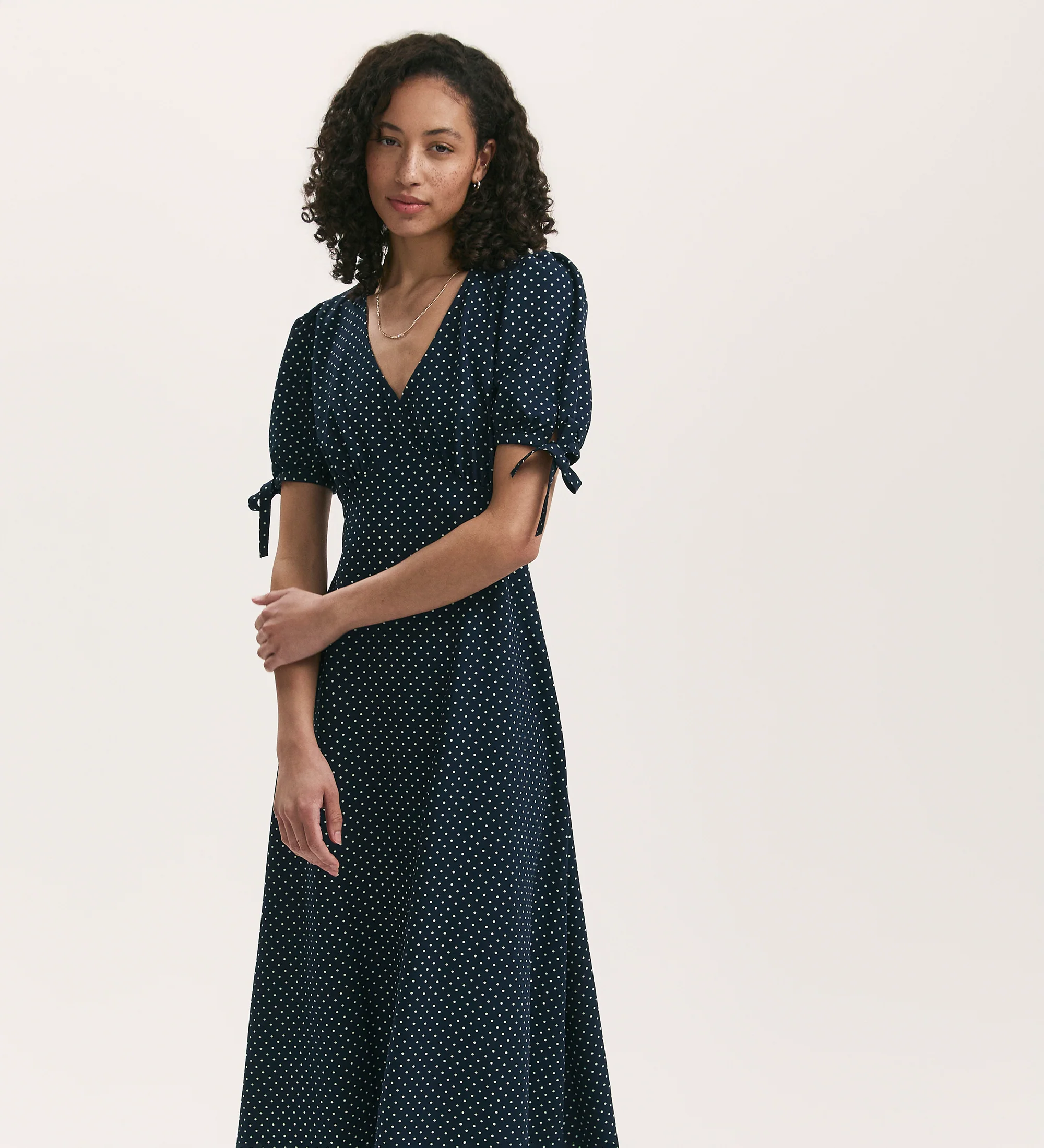Gabriella Navy Polka Dot Crepe Midi Tea Dress - Image 3