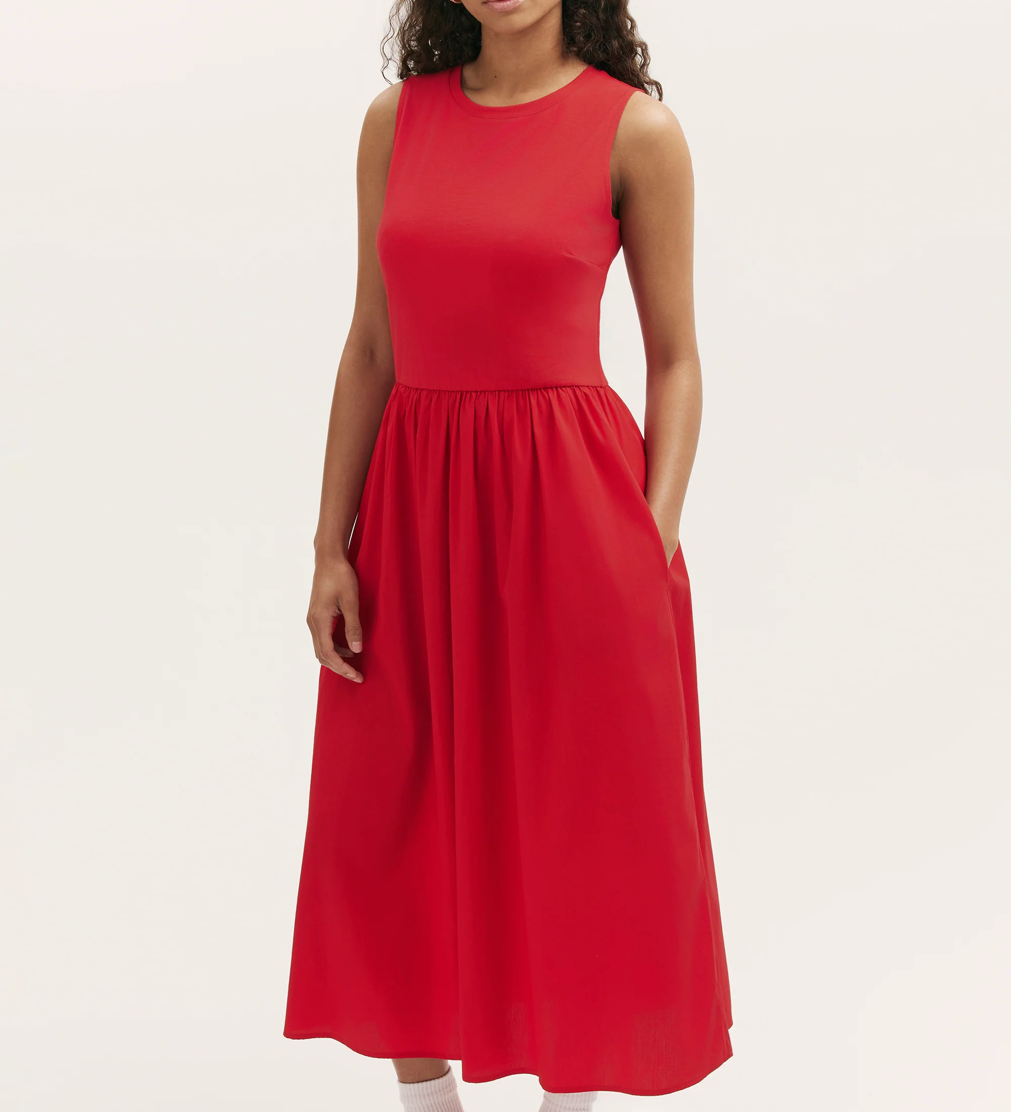 Georgie Red Cotton Sleeveless Midi Dress - Image 3