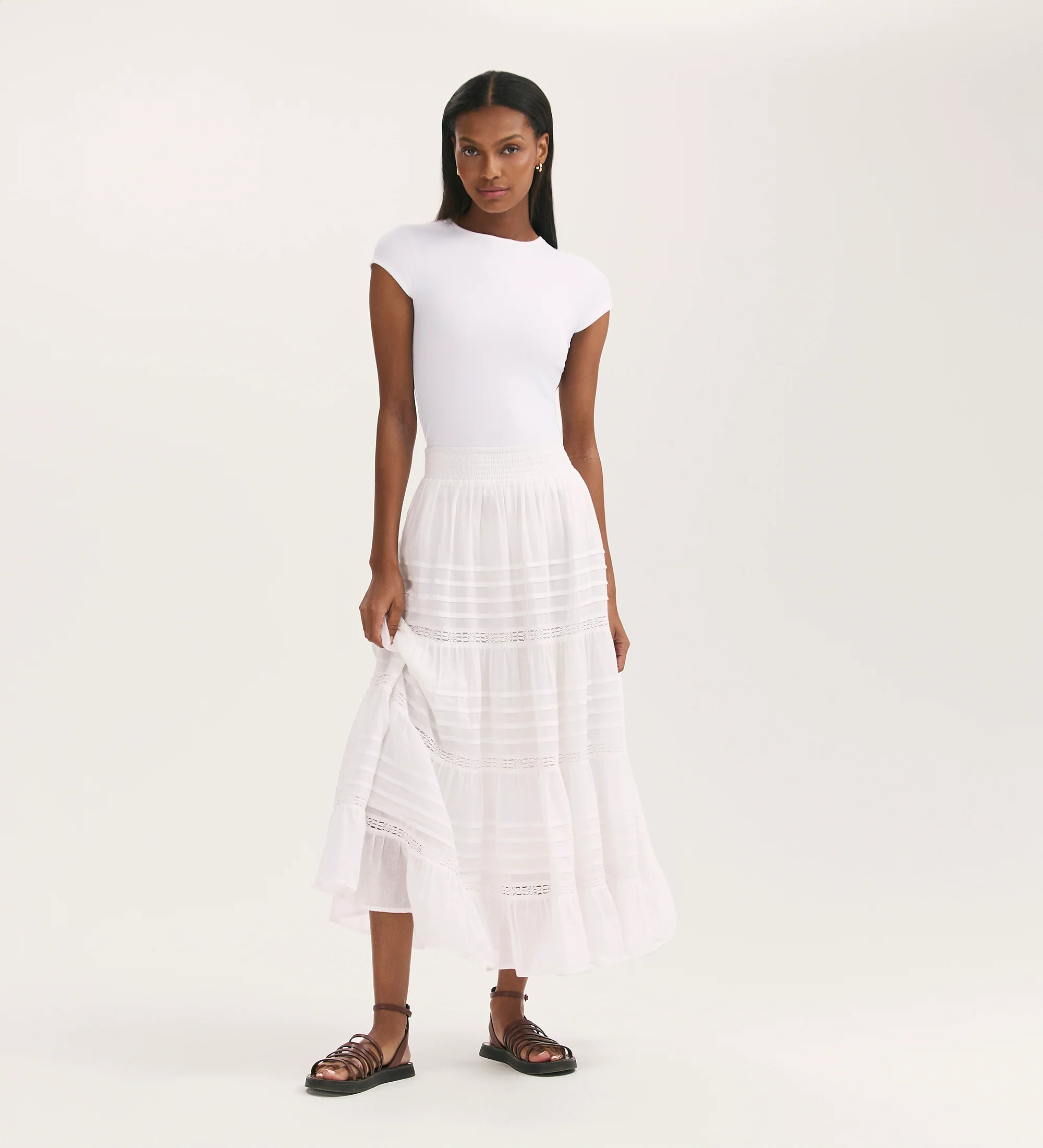 Imani White Cotton Lace Tiered Midi Skirt - Image 3
