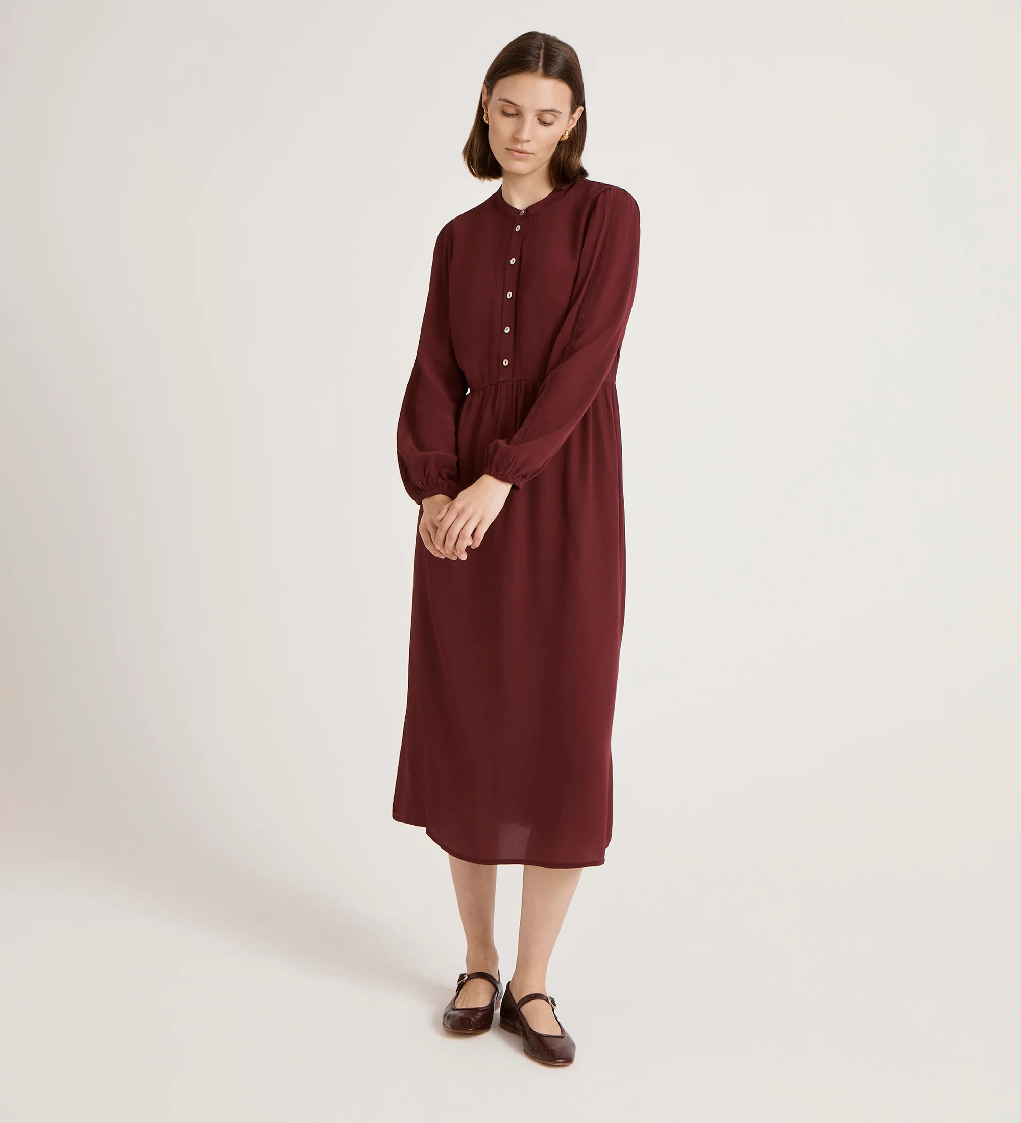 Jasmine Burgundy Lace Trim Crepe Midi Dress - Image 3