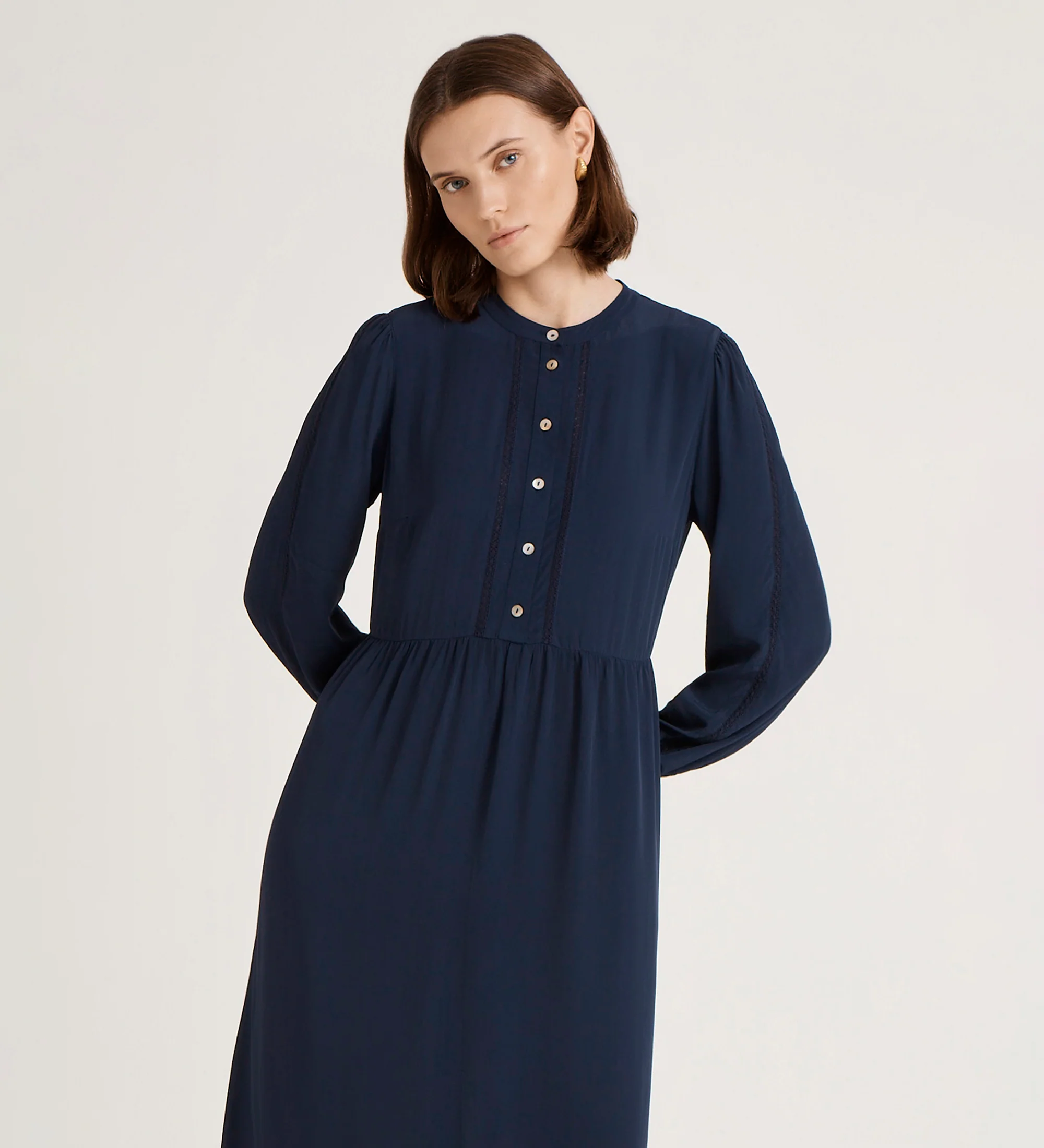 Jasmine Navy Lace Trim Crepe Midi Dress - Image 3
