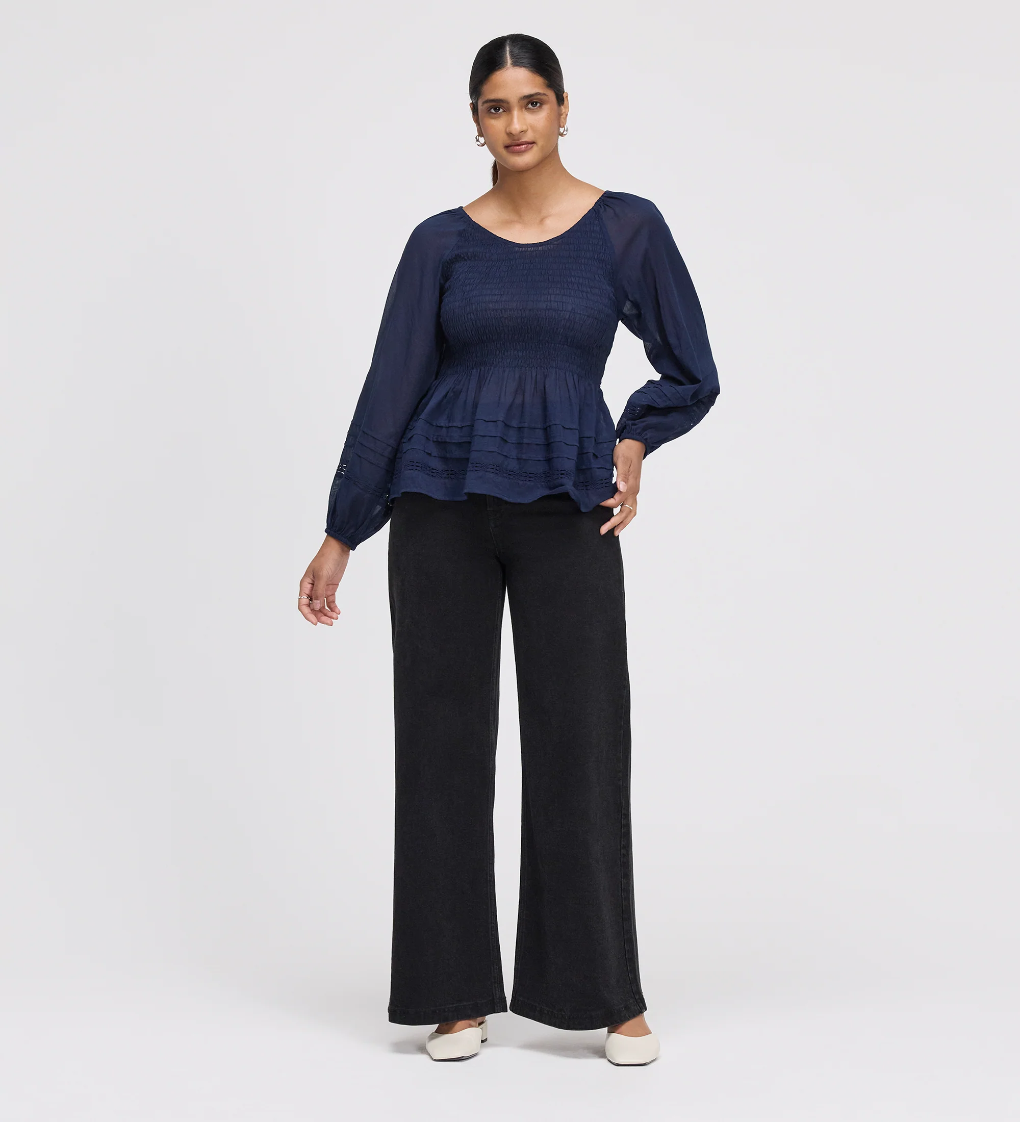 Jennie Navy Cotton Lace Blouson Sleeve Top - Image 4