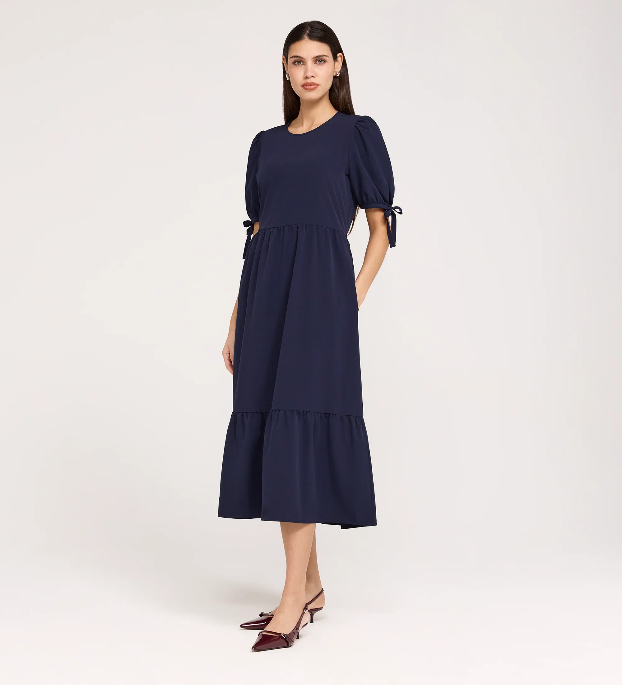 Jessa Navy Crepe Midi Tiered Dress - Image 4