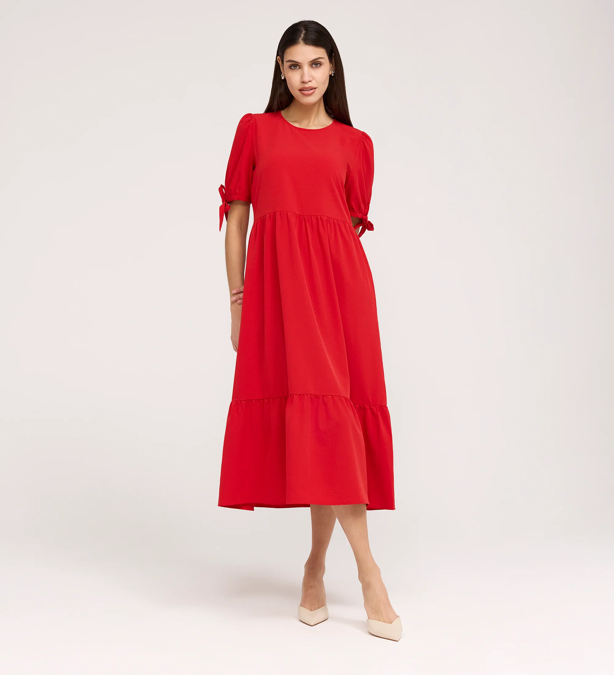 Jessa Red Crepe Midi Tiered Dress - Image 4