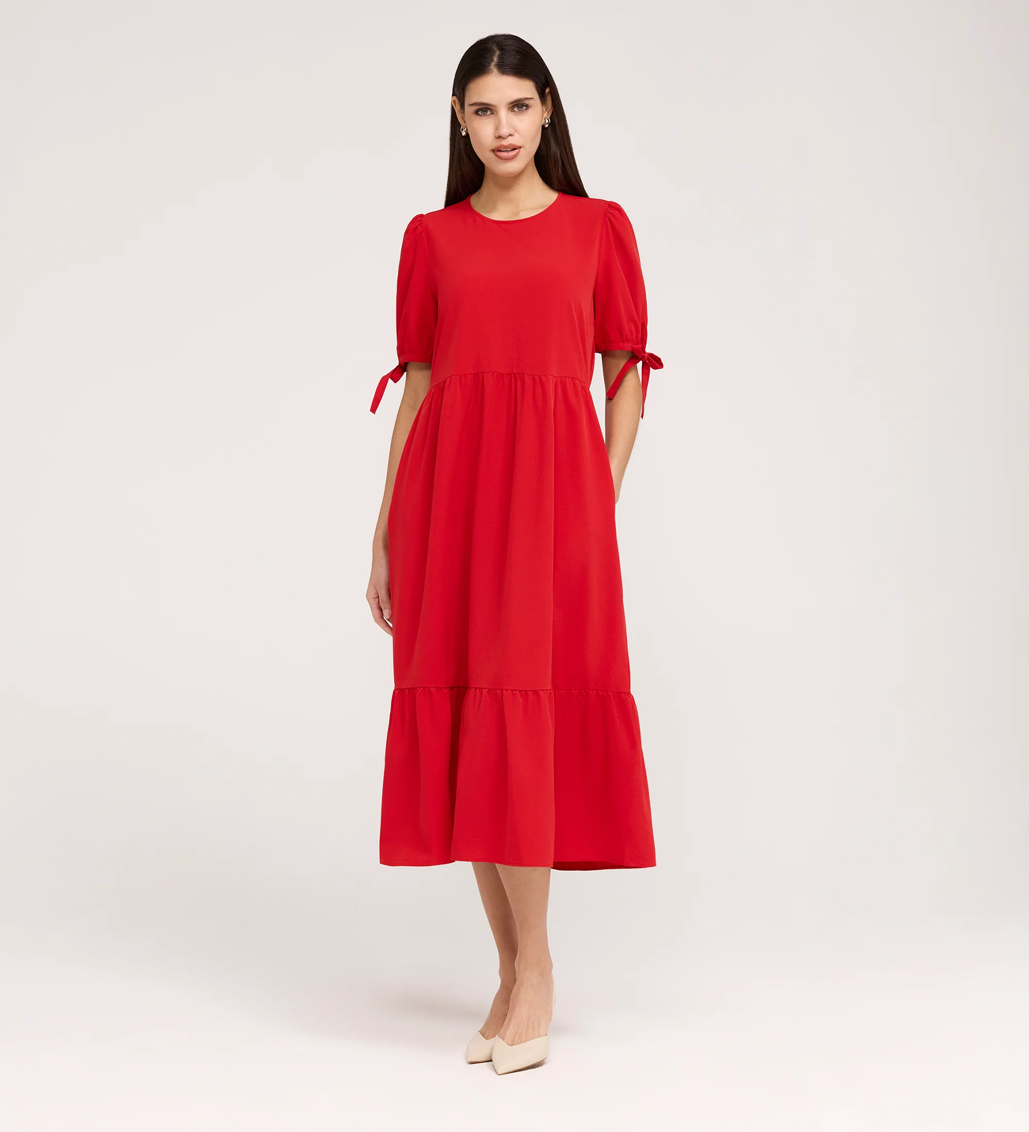 Jessa Red Crepe Midi Tiered Dress - Image 5