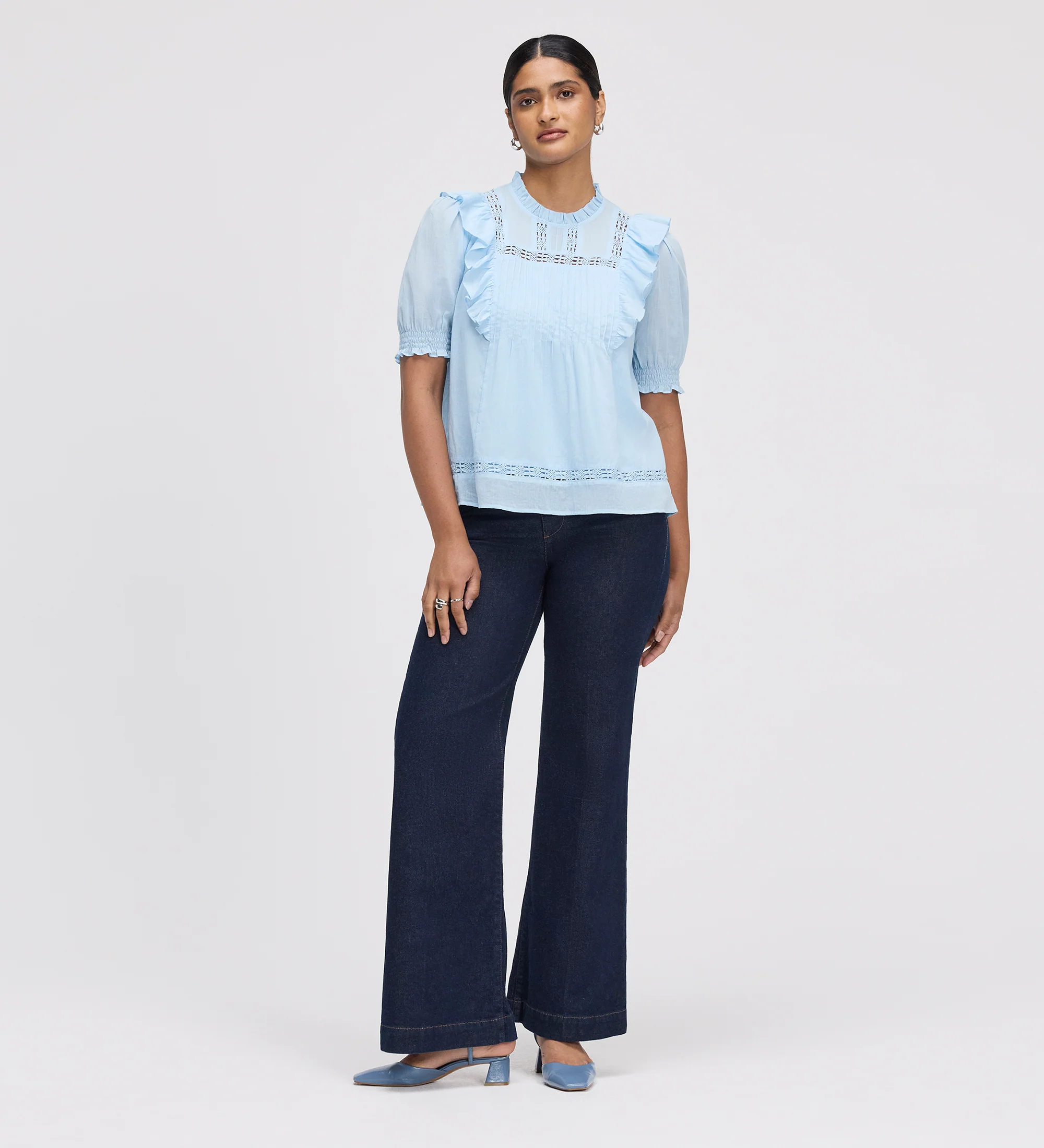 Jolin Pale Blue Lace Cotton Puff Sleeve Top - Image 3